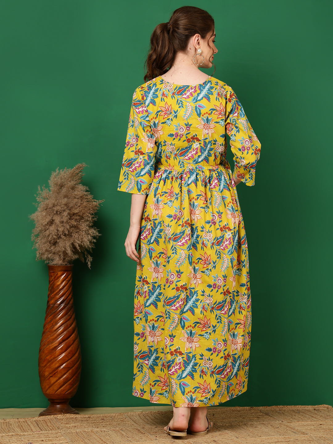 Women Yellow Printed Flared Maternity Dress | LASVINI - Redefining Indian Fashion with Elegance