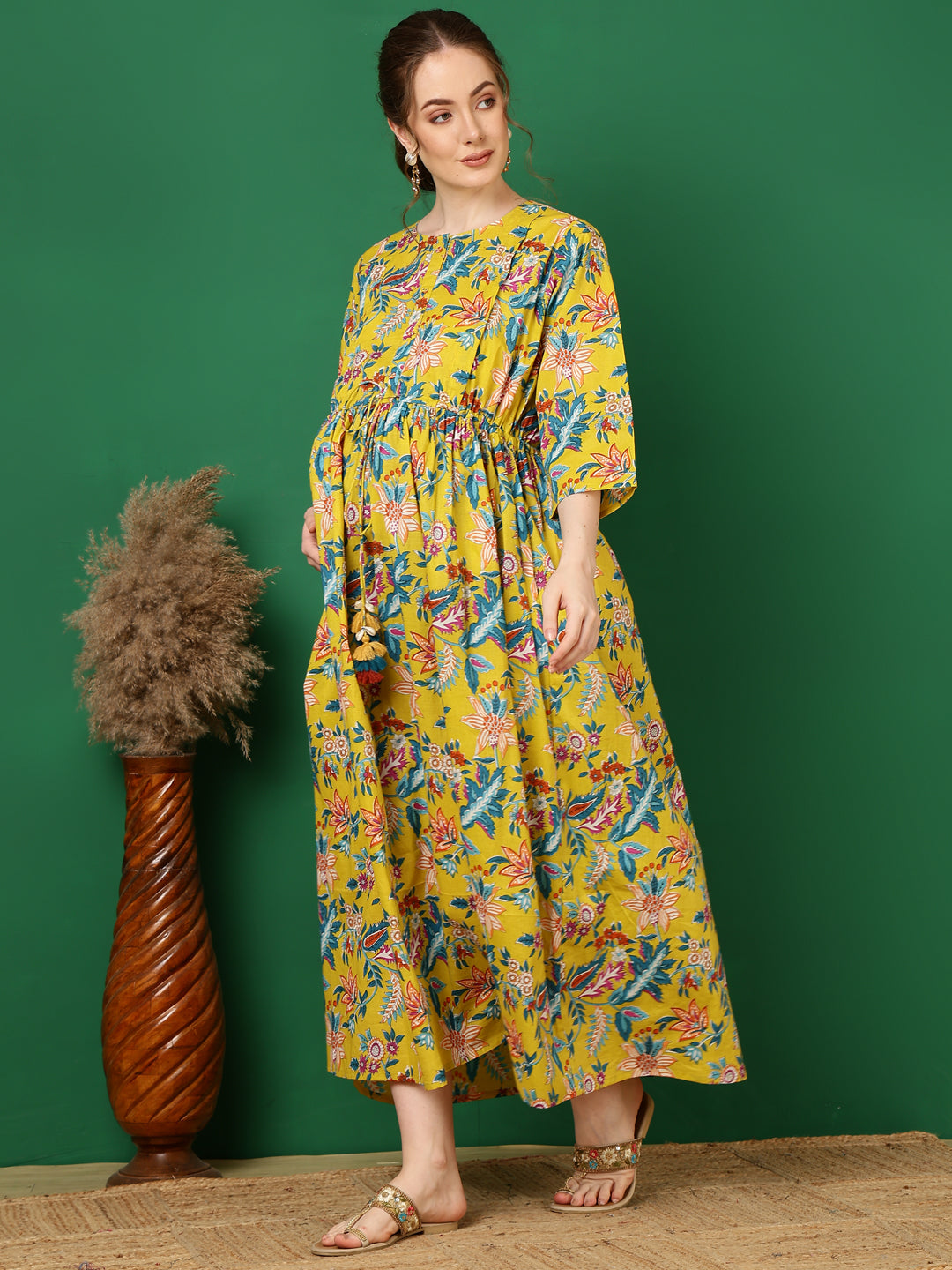 Women Yellow Printed Flared Maternity Dress | LASVINI - Redefining Indian Fashion with Elegance
