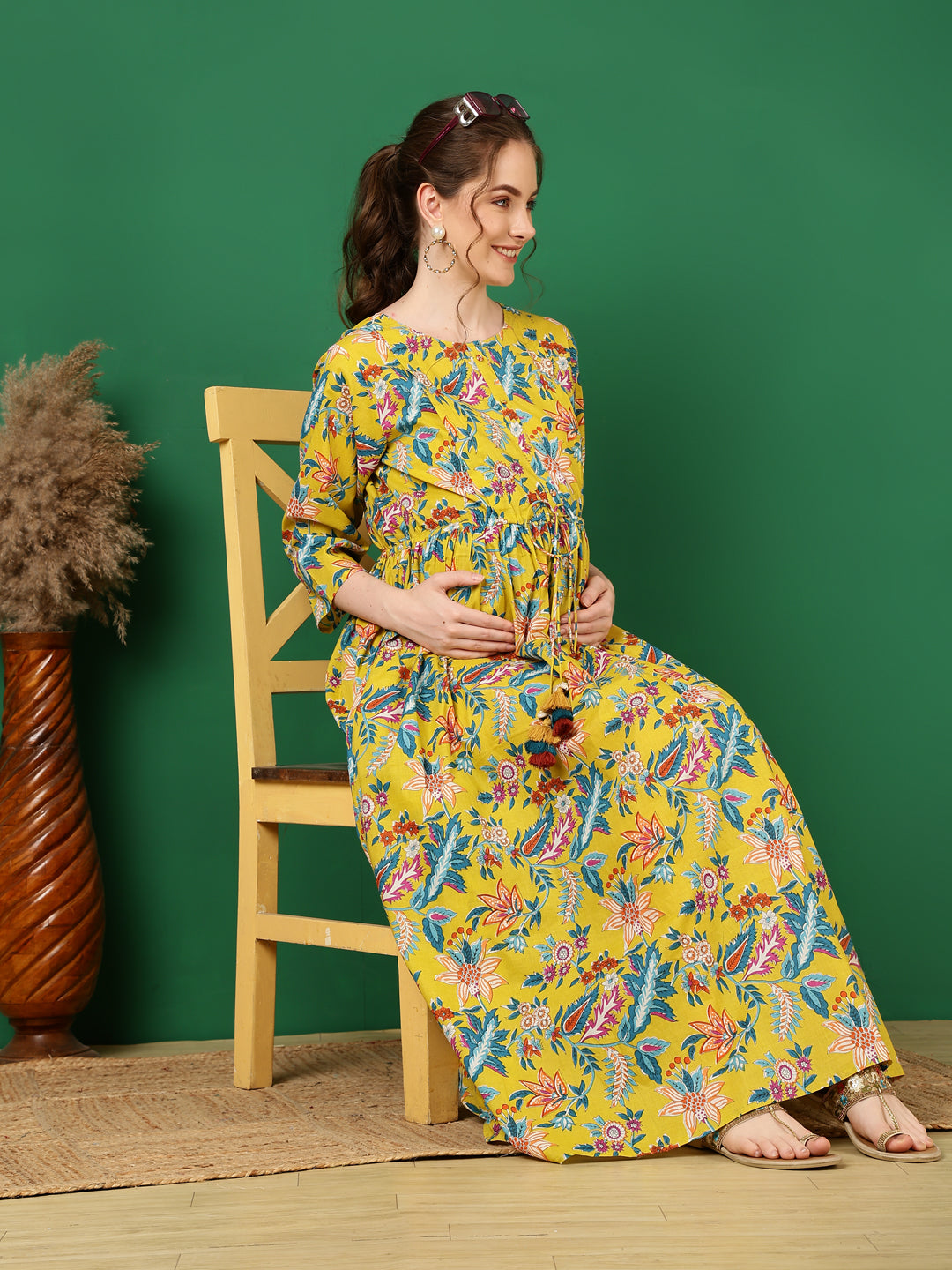 Women Yellow Printed Flared Maternity Dress | LASVINI - Redefining Indian Fashion with Elegance