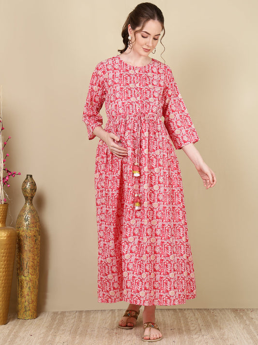 Women Pink Printed Flared Maternity Dress | LASVINI - Redefining Indian Fashion with Elegance