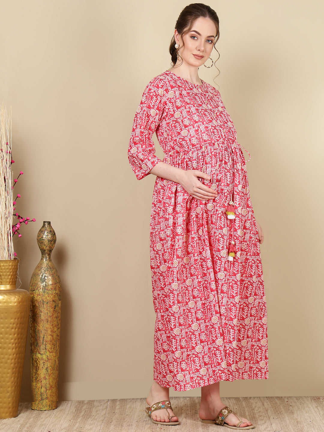 Women Pink Printed Flared Maternity Dress | LASVINI - Redefining Indian Fashion with Elegance