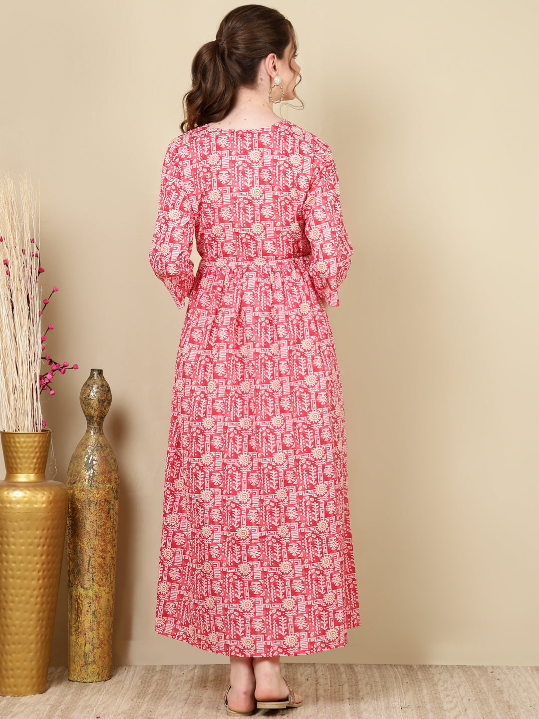 Women Pink Printed Flared Maternity Dress | LASVINI - Redefining Indian Fashion with Elegance