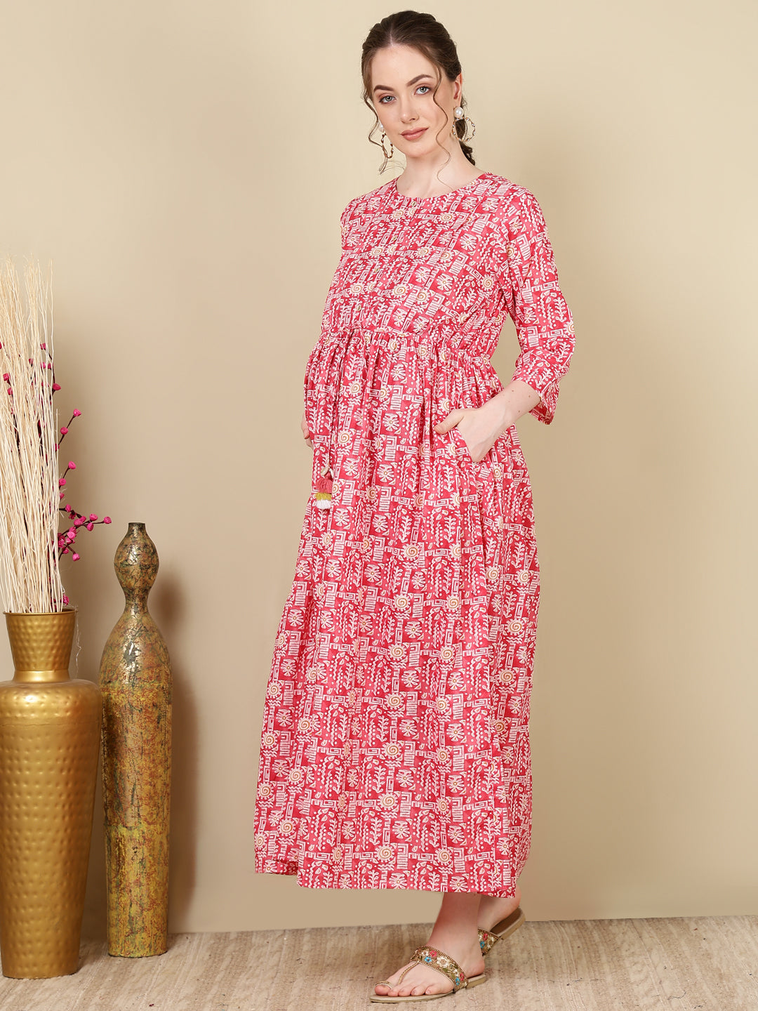 Women Pink Printed Flared Maternity Dress | LASVINI - Redefining Indian Fashion with Elegance