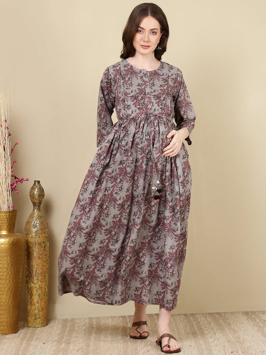 Women Grey Printed Flared Maternity Dress | LASVINI - Redefining Indian Fashion with Elegance