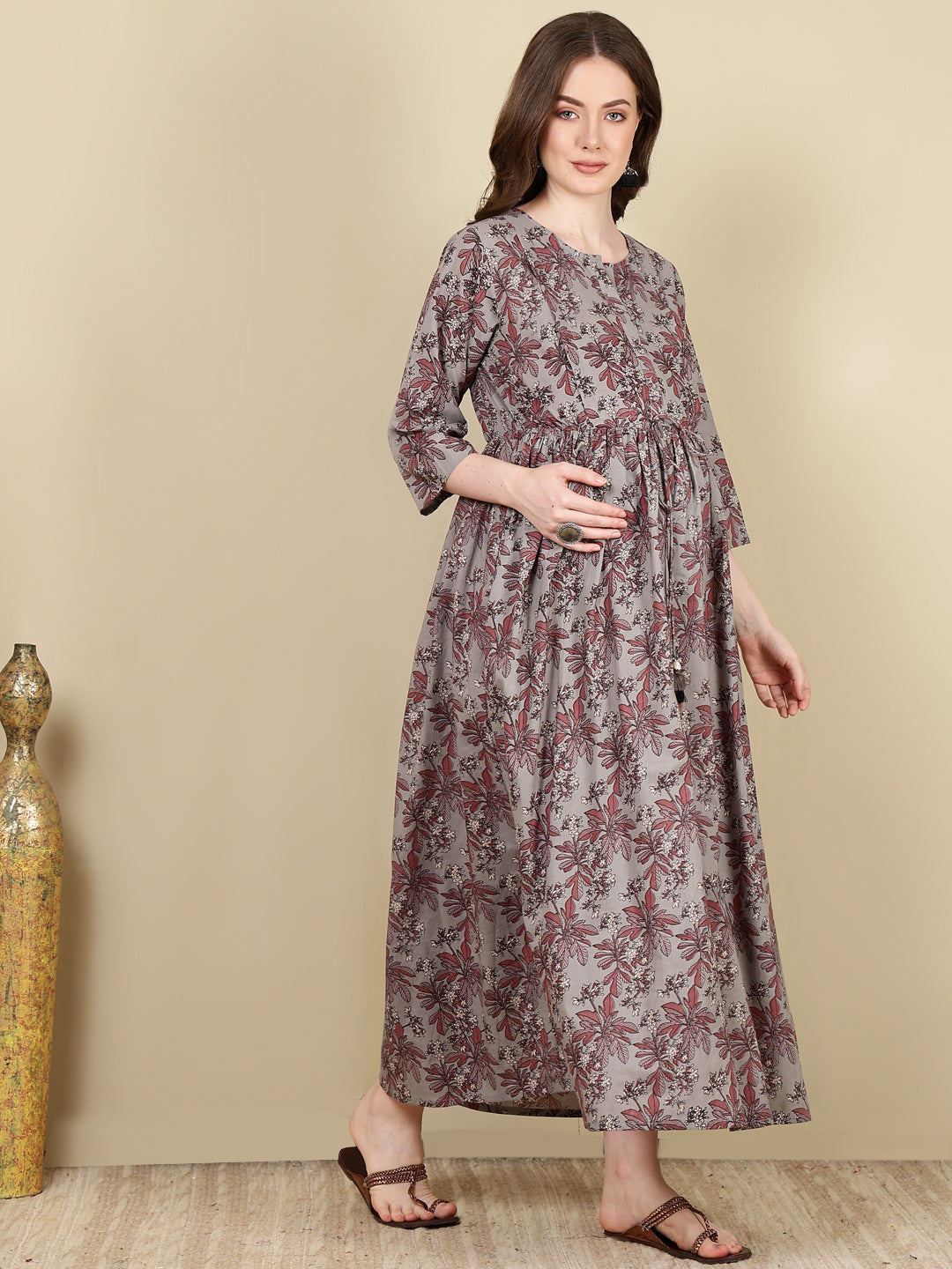 Women Grey Printed Flared Maternity Dress | LASVINI - Redefining Indian Fashion with Elegance