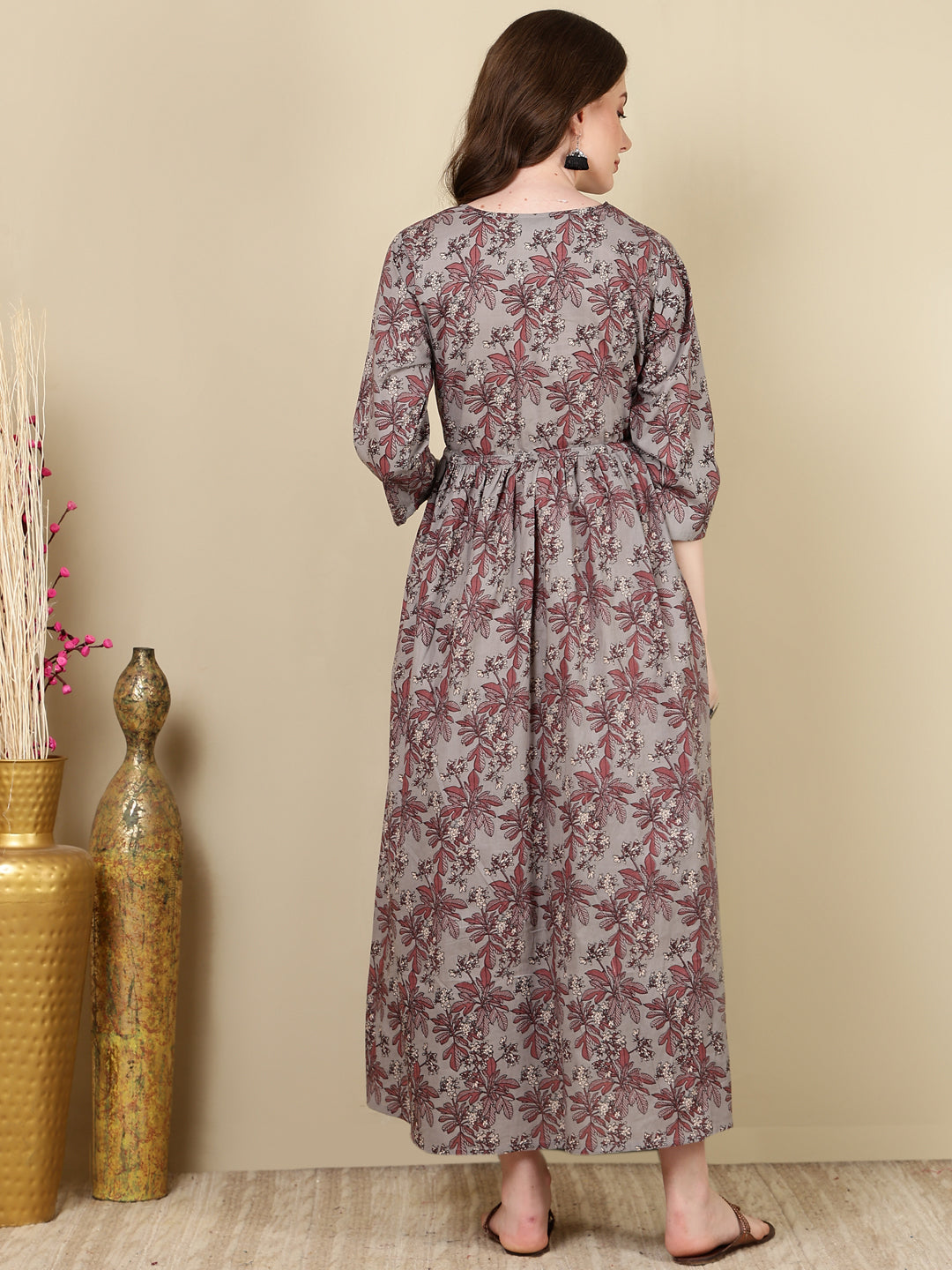 Women Grey Printed Flared Maternity Dress | LASVINI - Redefining Indian Fashion with Elegance