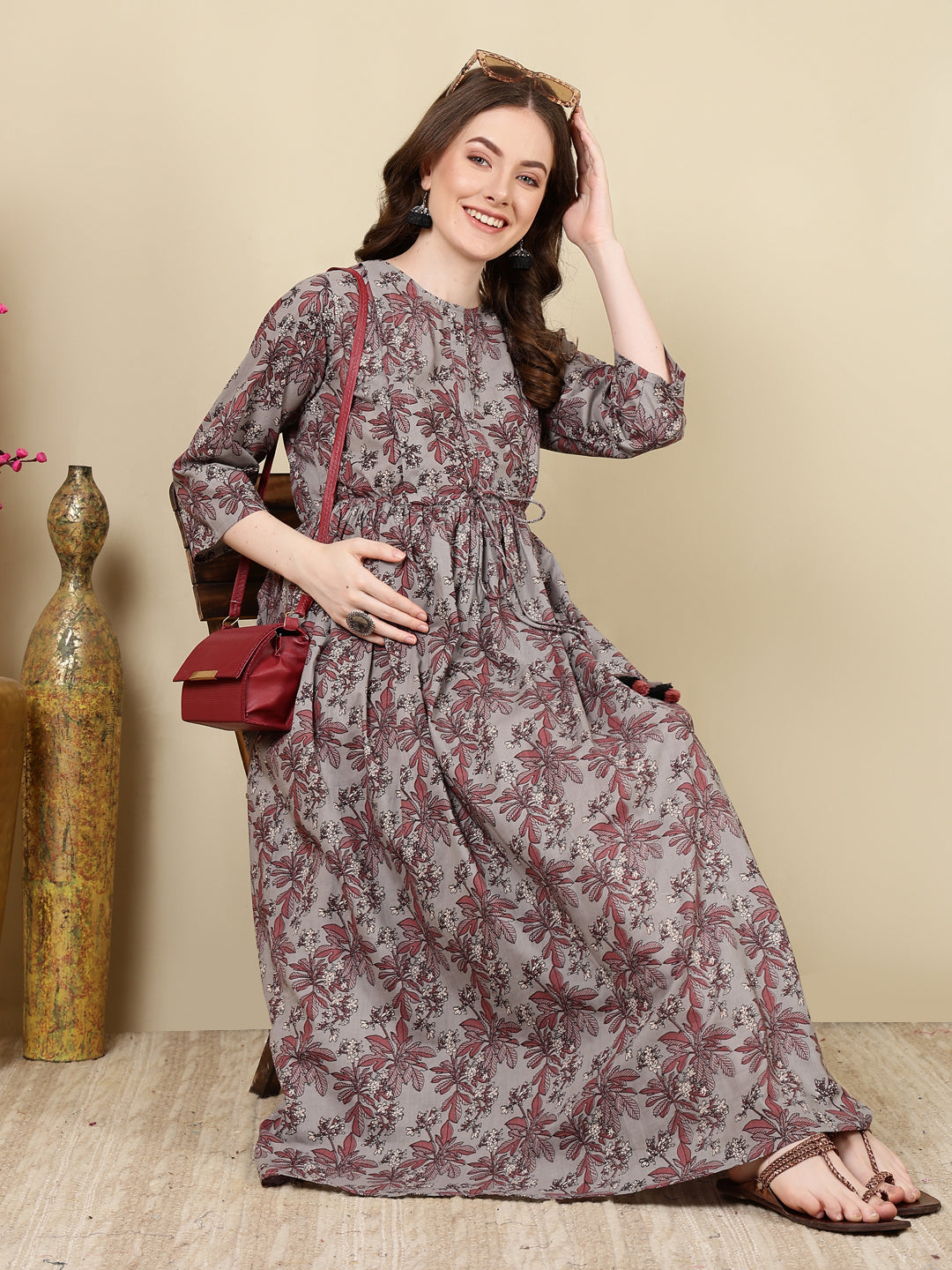Women Grey Printed Flared Maternity Dress | LASVINI - Redefining Indian Fashion with Elegance