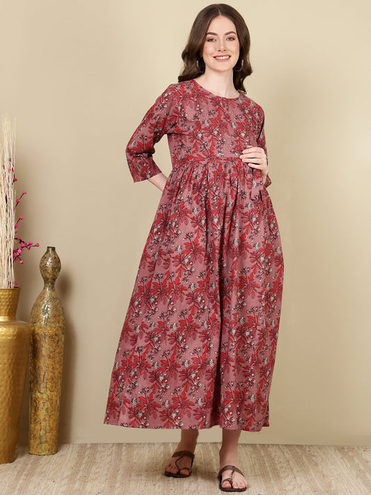 Women Mauve Floral Printed Flared Maternity Dress | LASVINI - Redefining Indian Fashion with Elegance