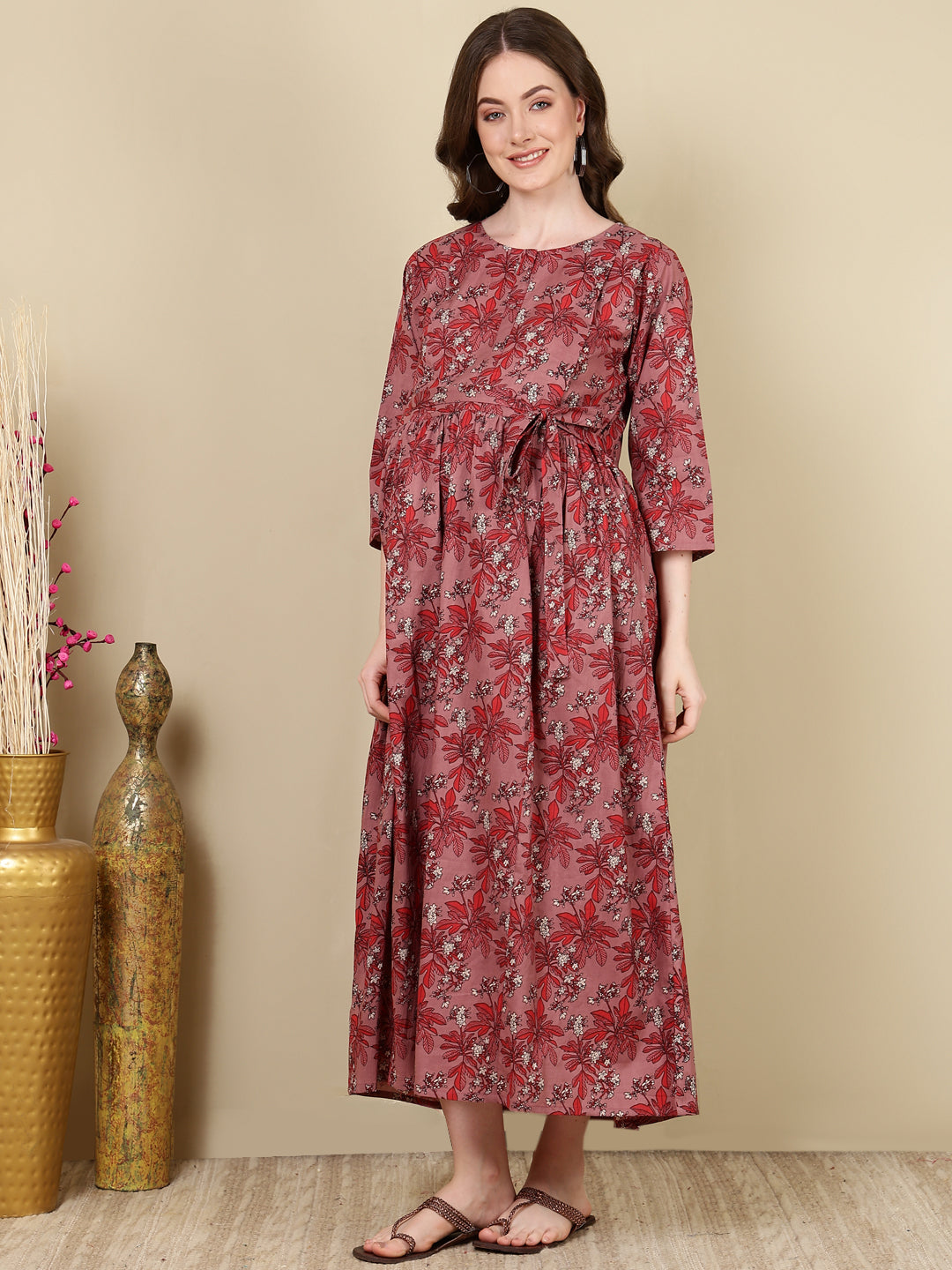Women Mauve Floral Printed Flared Maternity Dress | LASVINI - Redefining Indian Fashion with Elegance