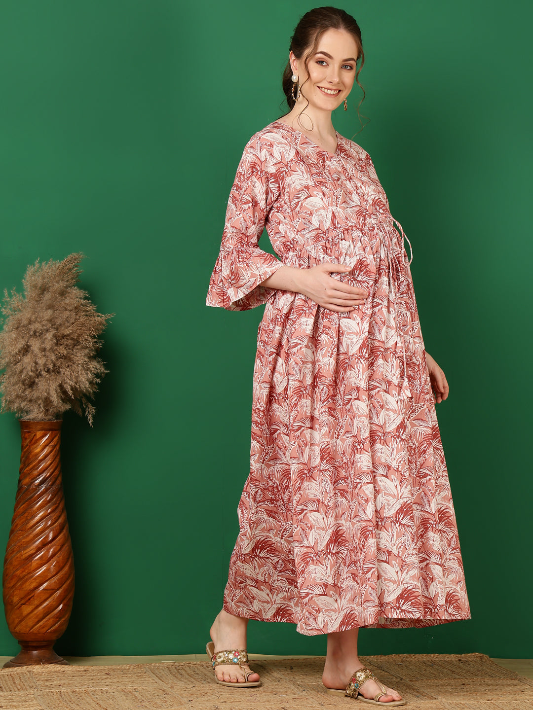 Women Mauve Floral Printed Flared Maternity Dress | LASVINI - Redefining Indian Fashion with Elegance
