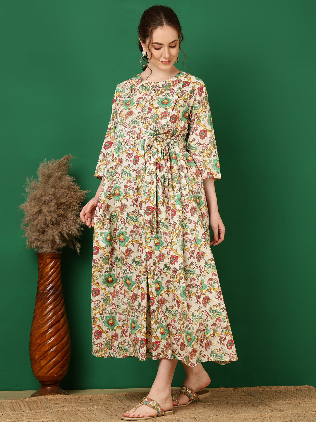 Women Off White Printed Flared Maternity Dress | LASVINI - Redefining Indian Fashion with Elegance