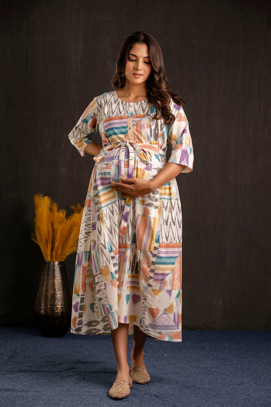 Women Multi Printed Flared Maternity Dress | LASVINI - Redefining Indian Fashion with Elegance
