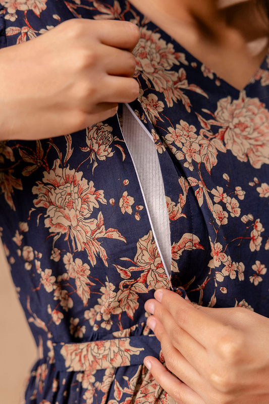 Women Navy Blue Printed Flared Maternity Dress | LASVINI - Redefining Indian Fashion with Elegance