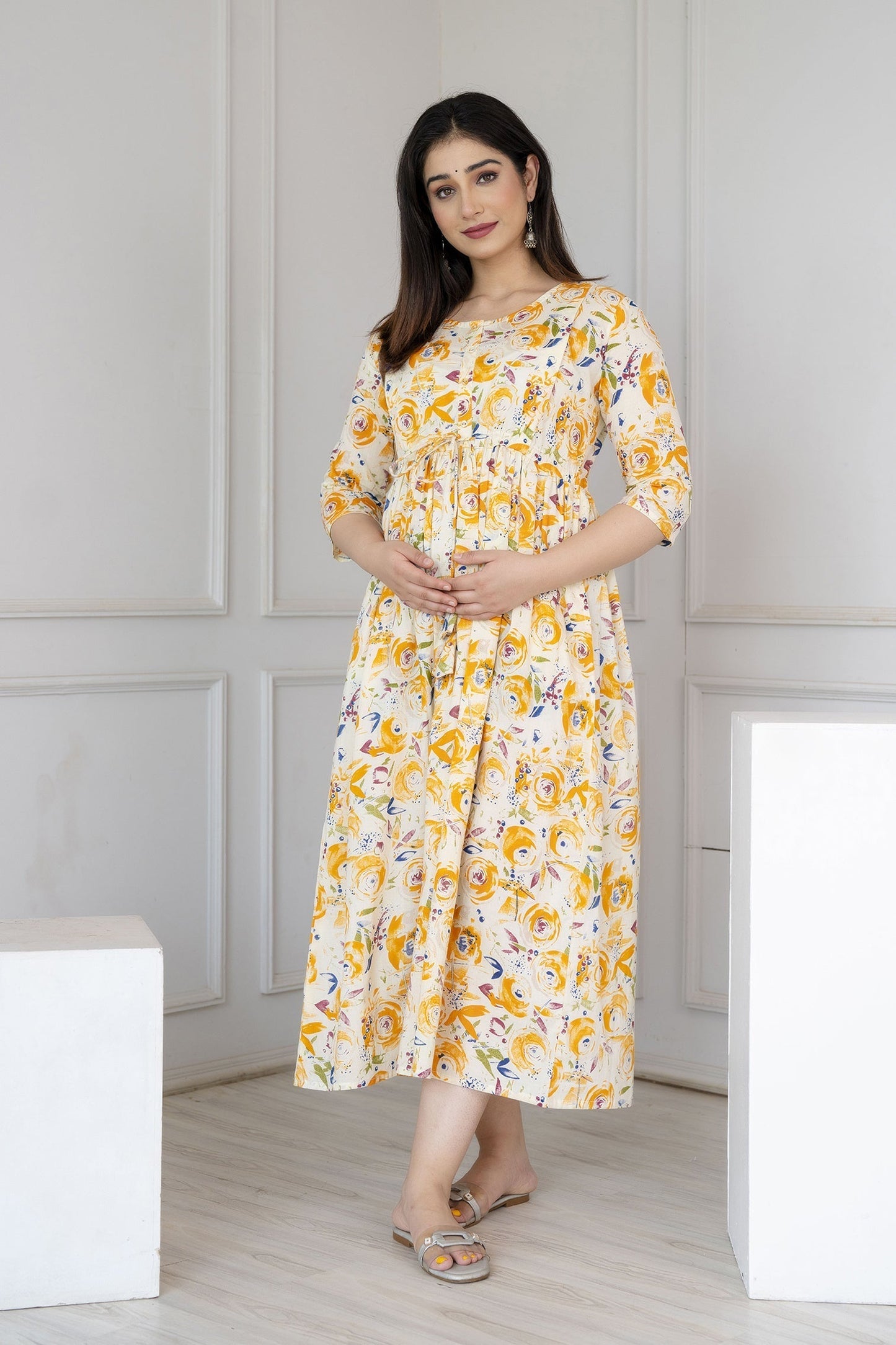 Women Off White Printed Flared Maternity Dress | LASVINI - Redefining Indian Fashion with Elegance