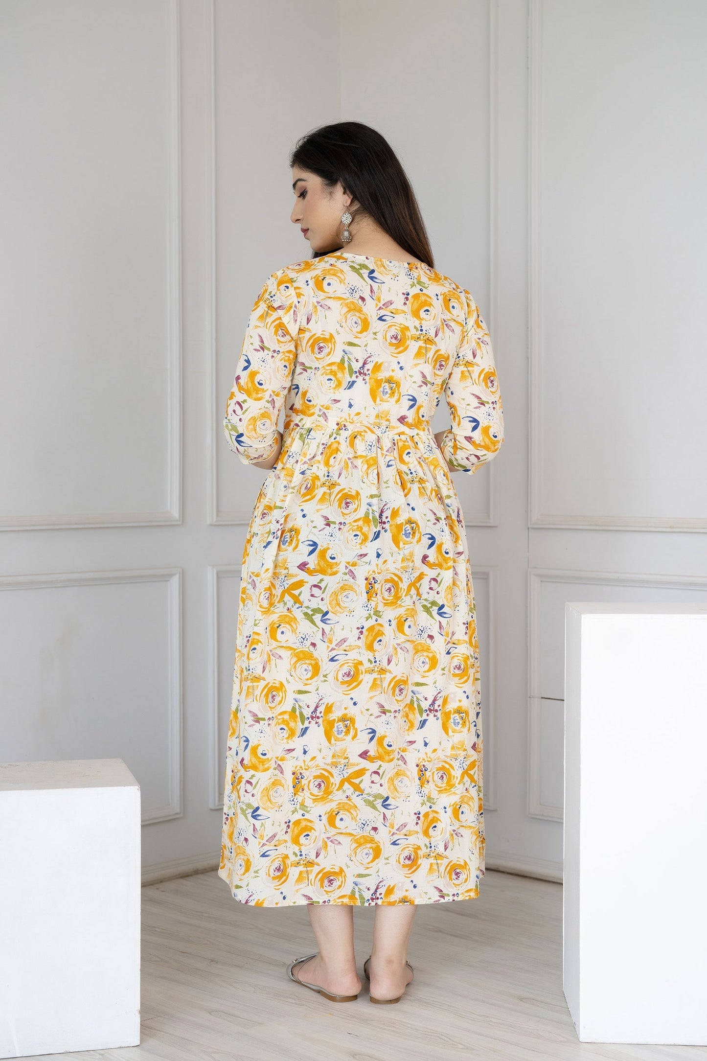 Women Off White Printed Flared Maternity Dress | LASVINI - Redefining Indian Fashion with Elegance