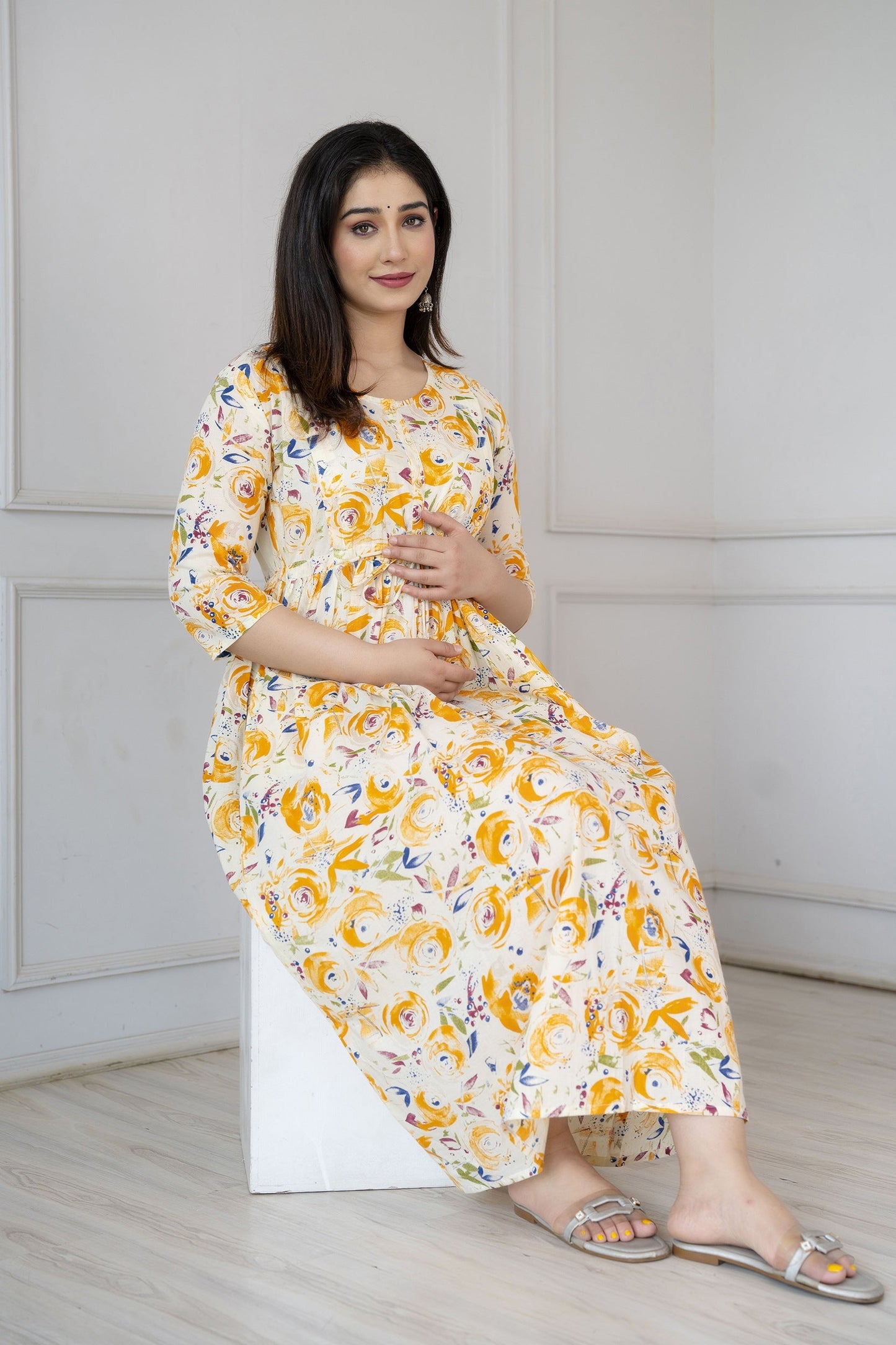 Women Off White Printed Flared Maternity Dress | LASVINI - Redefining Indian Fashion with Elegance