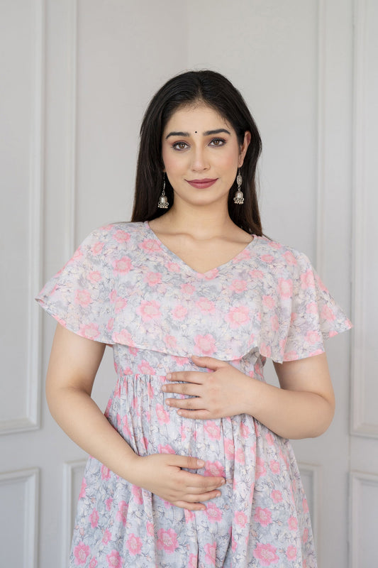 Women Grey Printed Flared Maternity Dress | LASVINI - Redefining Indian Fashion with Elegance