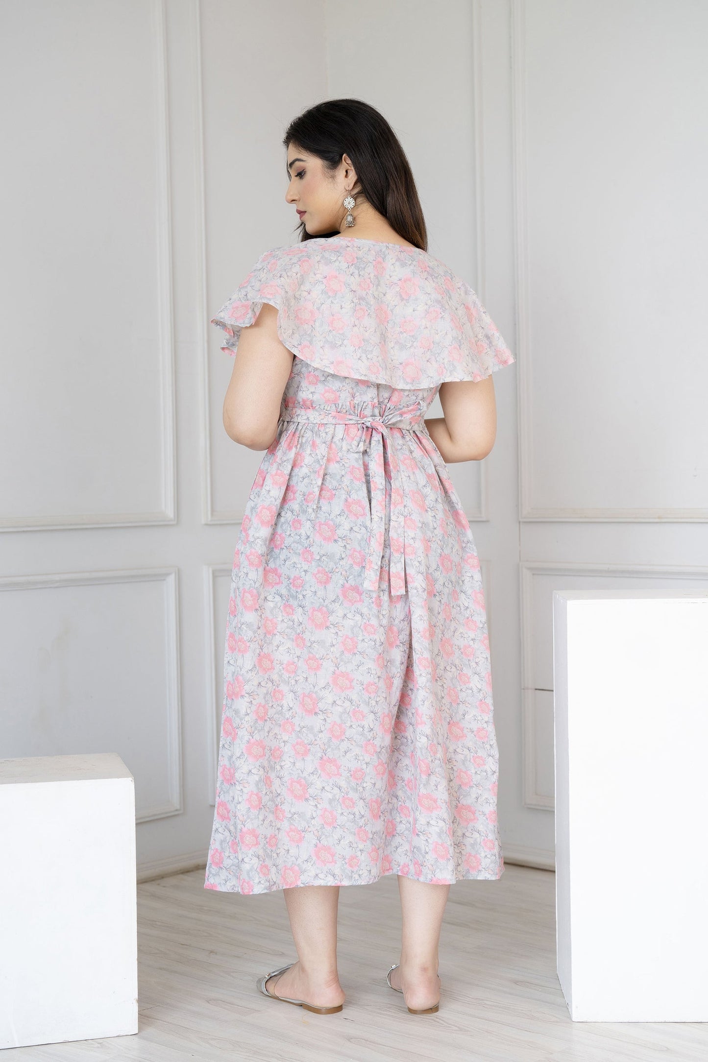 Women Grey Printed Flared Maternity Dress | LASVINI - Redefining Indian Fashion with Elegance