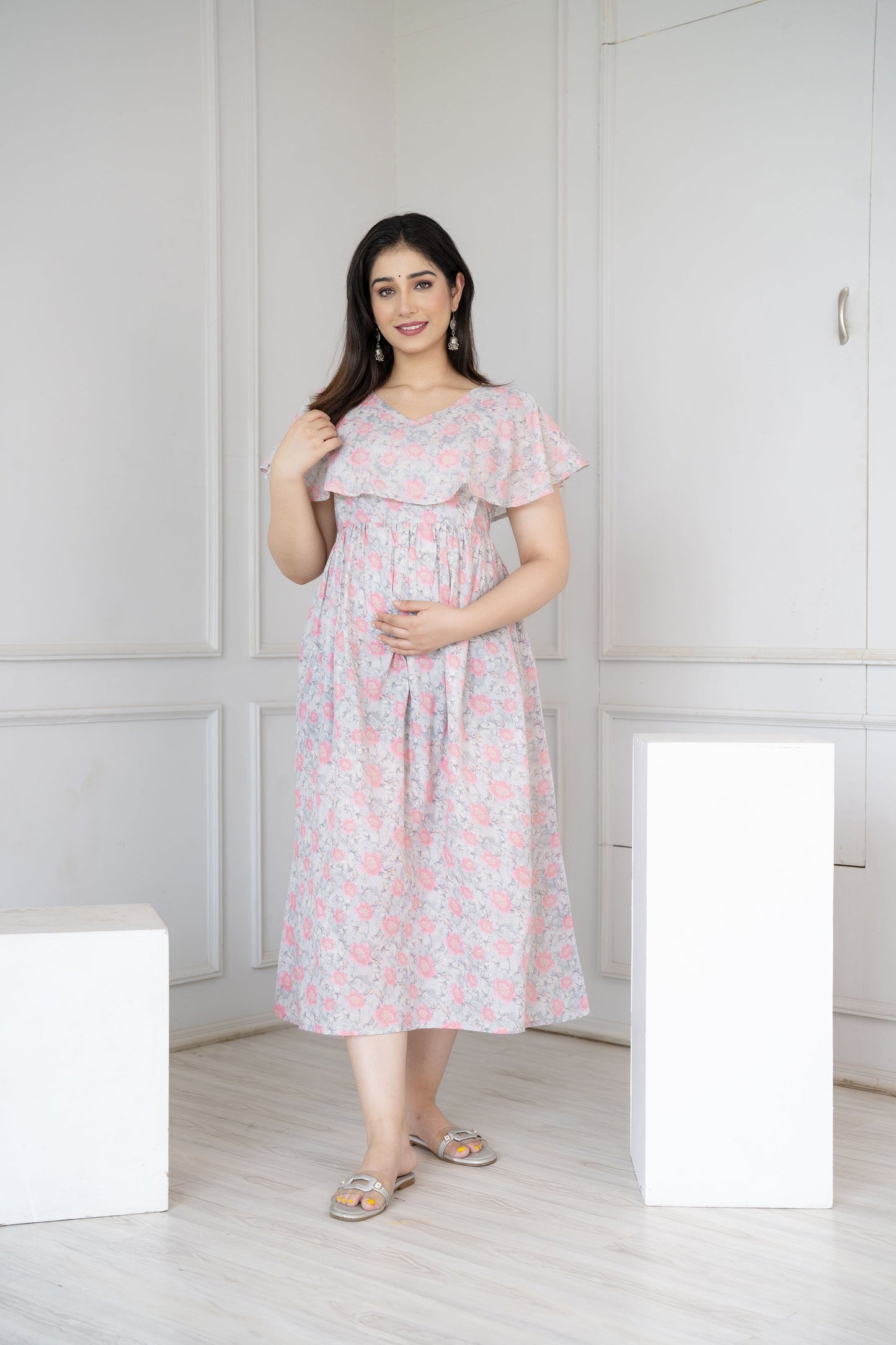 Women Grey Printed Flared Maternity Dress | LASVINI - Redefining Indian Fashion with Elegance