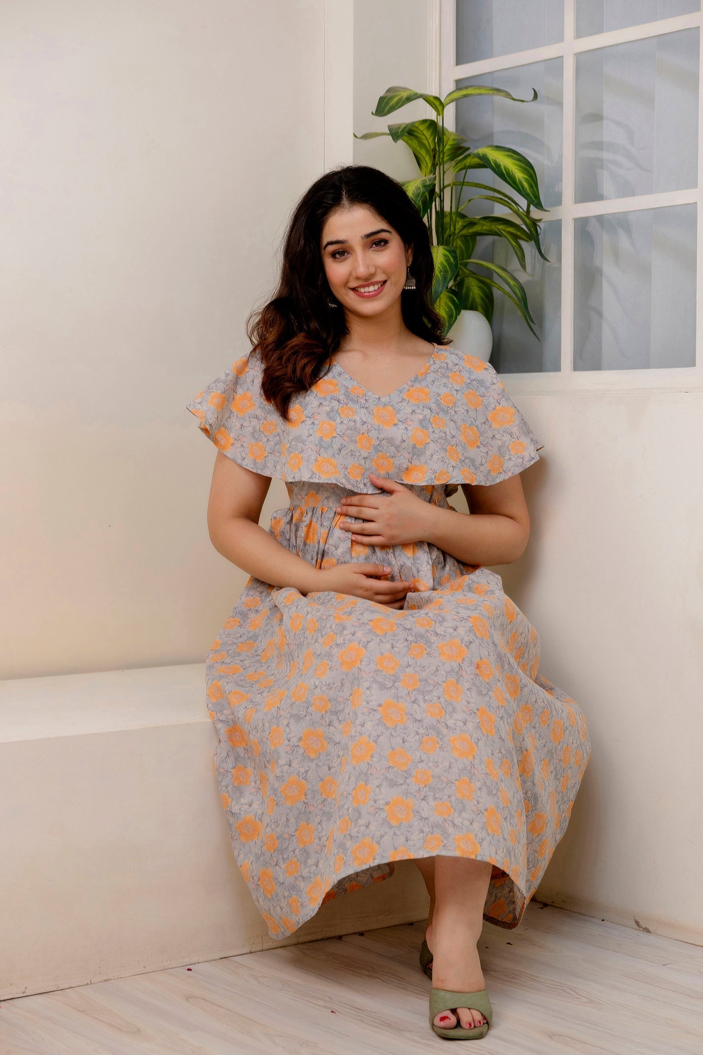 Women Grey Printed Flared Maternity Dress | LASVINI - Redefining Indian Fashion with Elegance