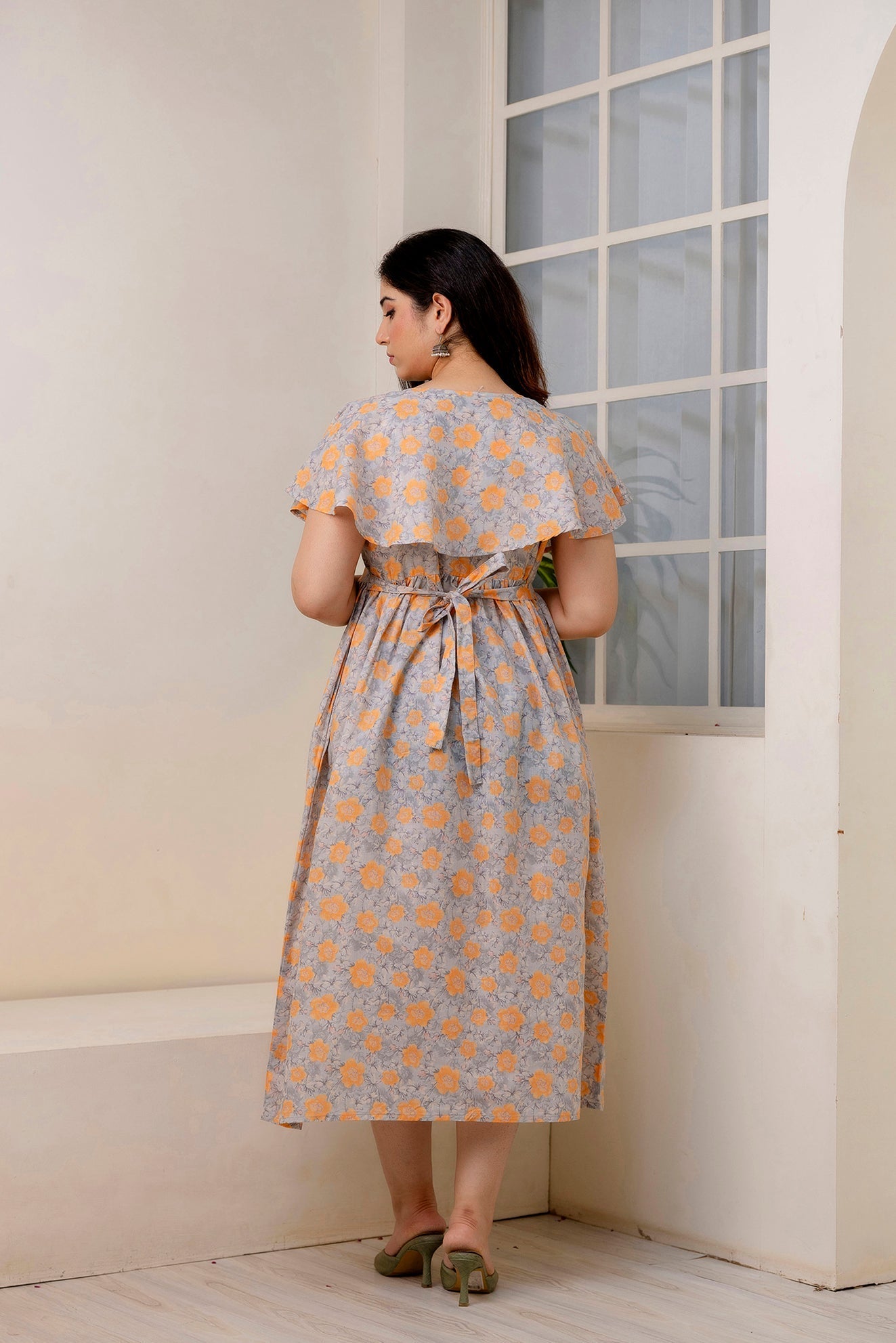 Women Grey Printed Flared Maternity Dress | LASVINI - Redefining Indian Fashion with Elegance