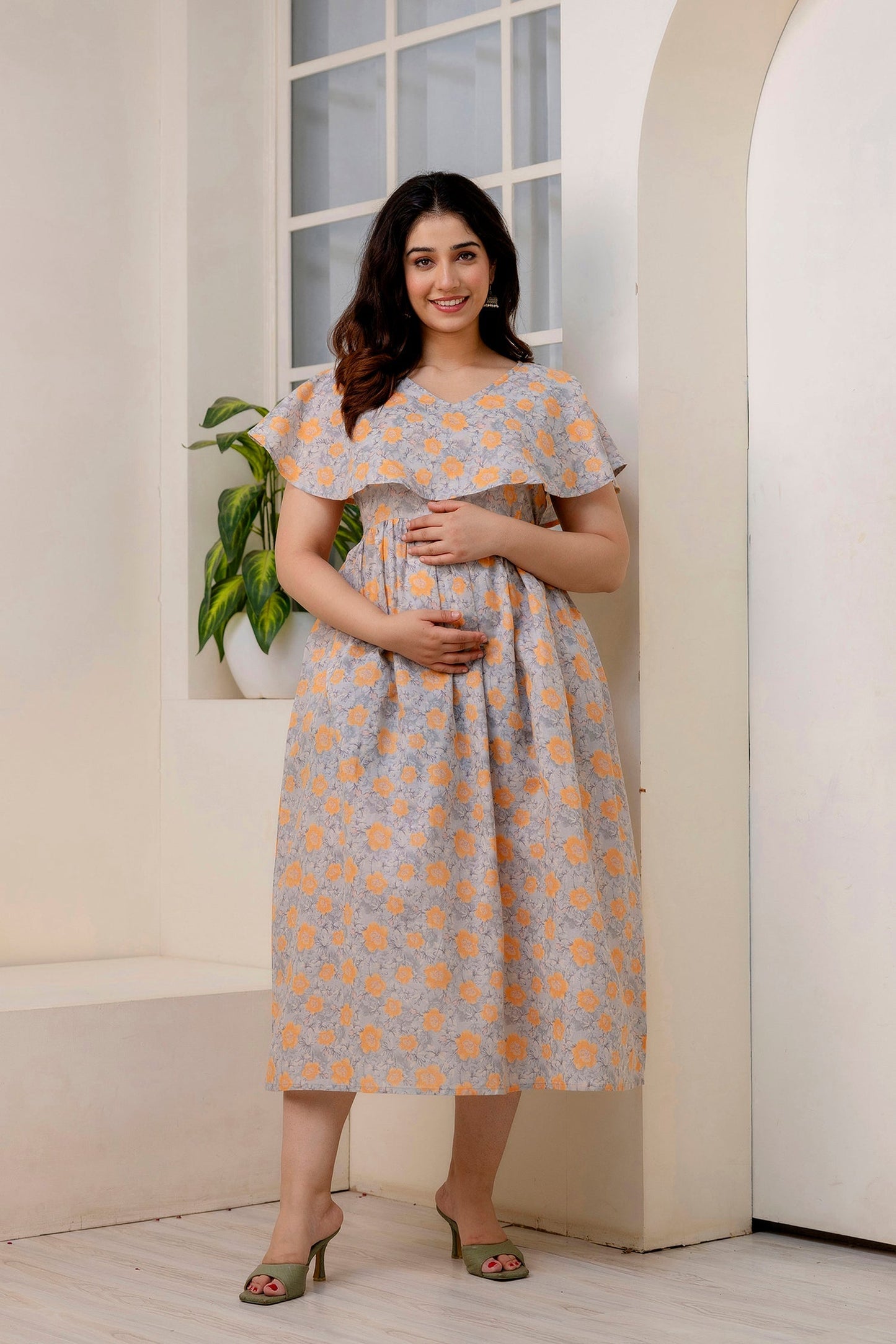 Women Grey Printed Flared Maternity Dress | LASVINI - Redefining Indian Fashion with Elegance