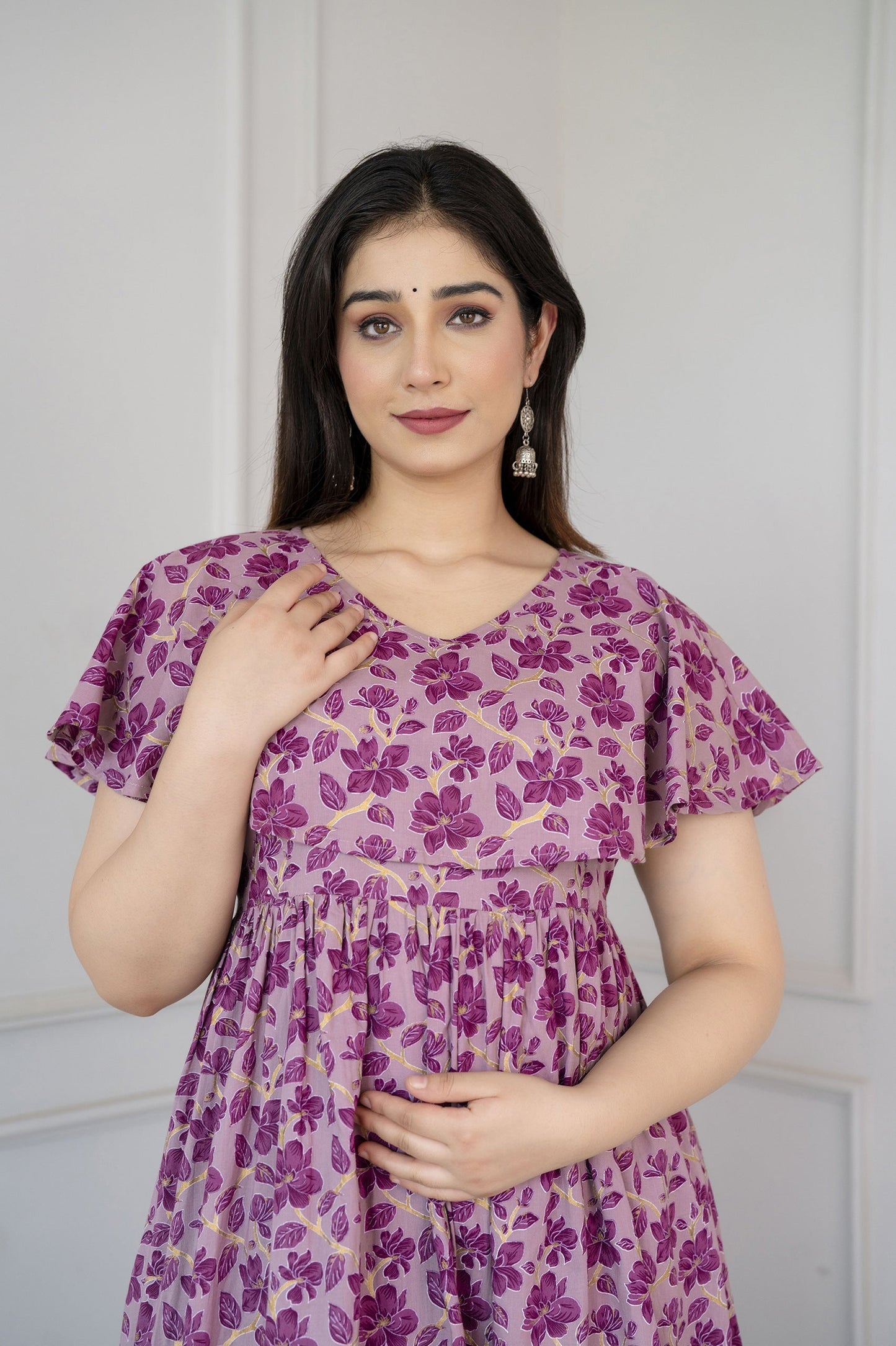 Women Purple Printed Flared Maternity Dress | LASVINI - Redefining Indian Fashion with Elegance