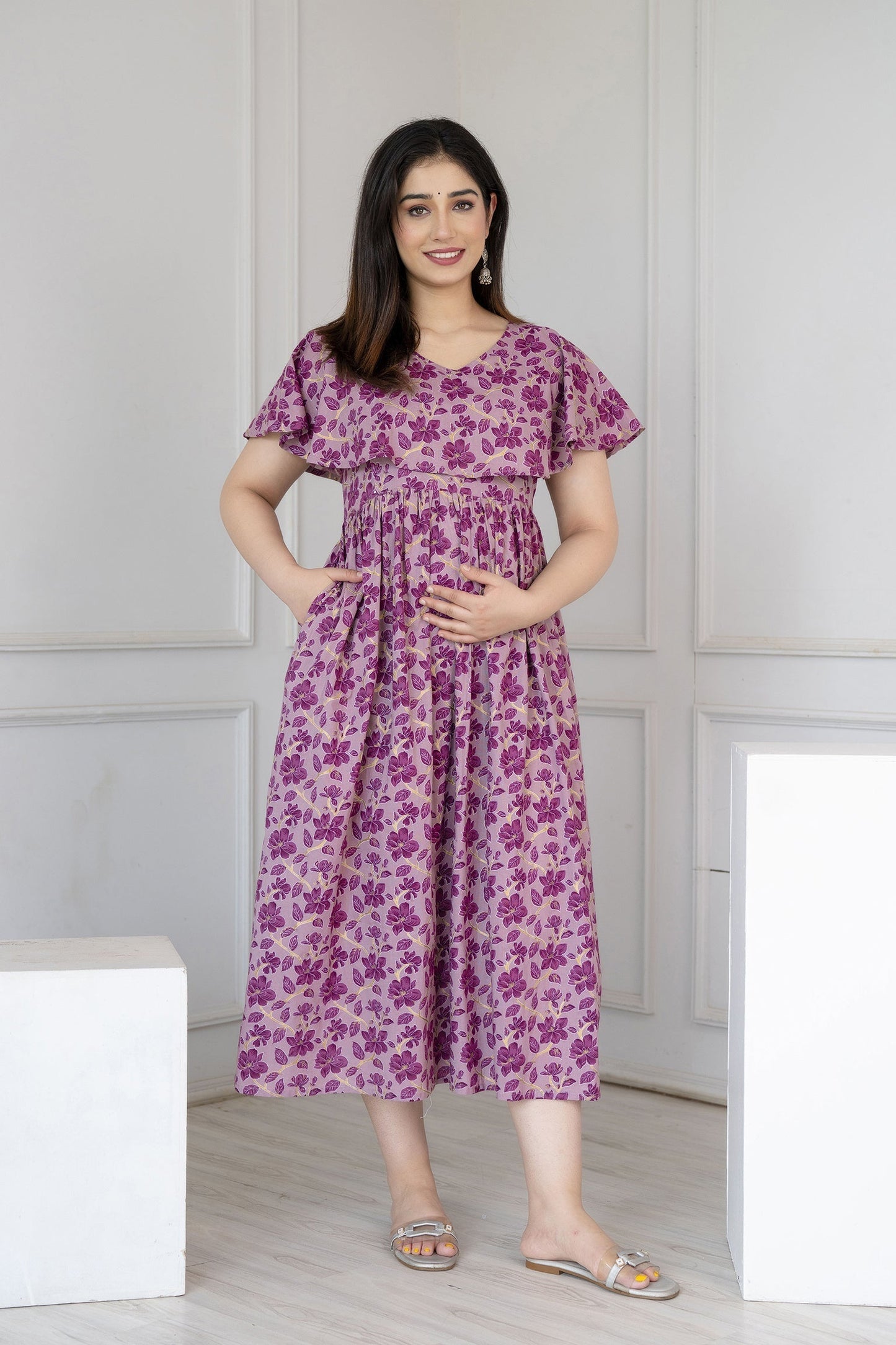 Women Purple Printed Flared Maternity Dress | LASVINI - Redefining Indian Fashion with Elegance