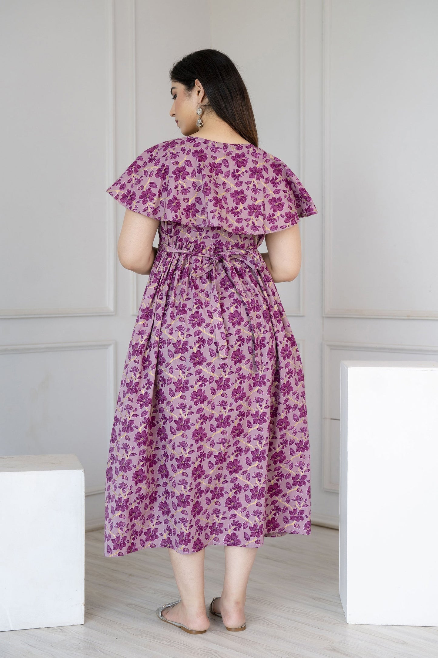 Women Purple Printed Flared Maternity Dress | LASVINI - Redefining Indian Fashion with Elegance