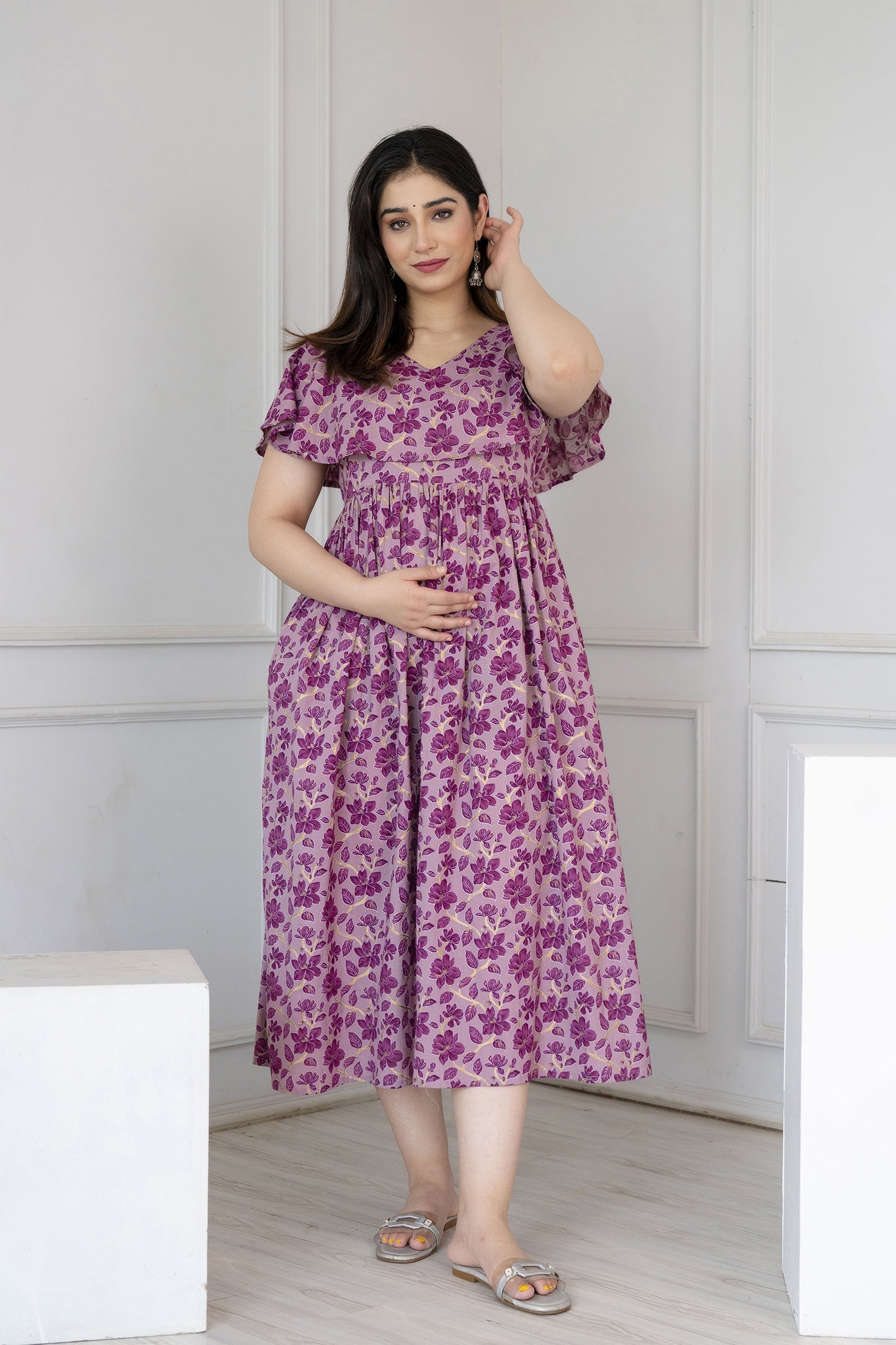 Women Purple Printed Flared Maternity Dress | LASVINI - Redefining Indian Fashion with Elegance