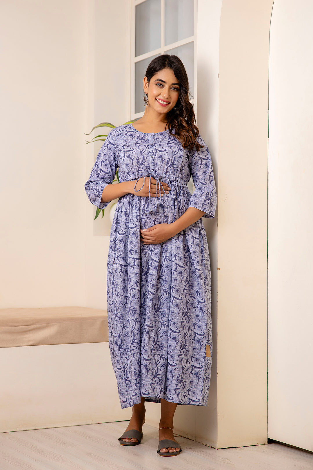 Women Grey Printed Flared Maternity Dress | LASVINI - Redefining Indian Fashion with Elegance