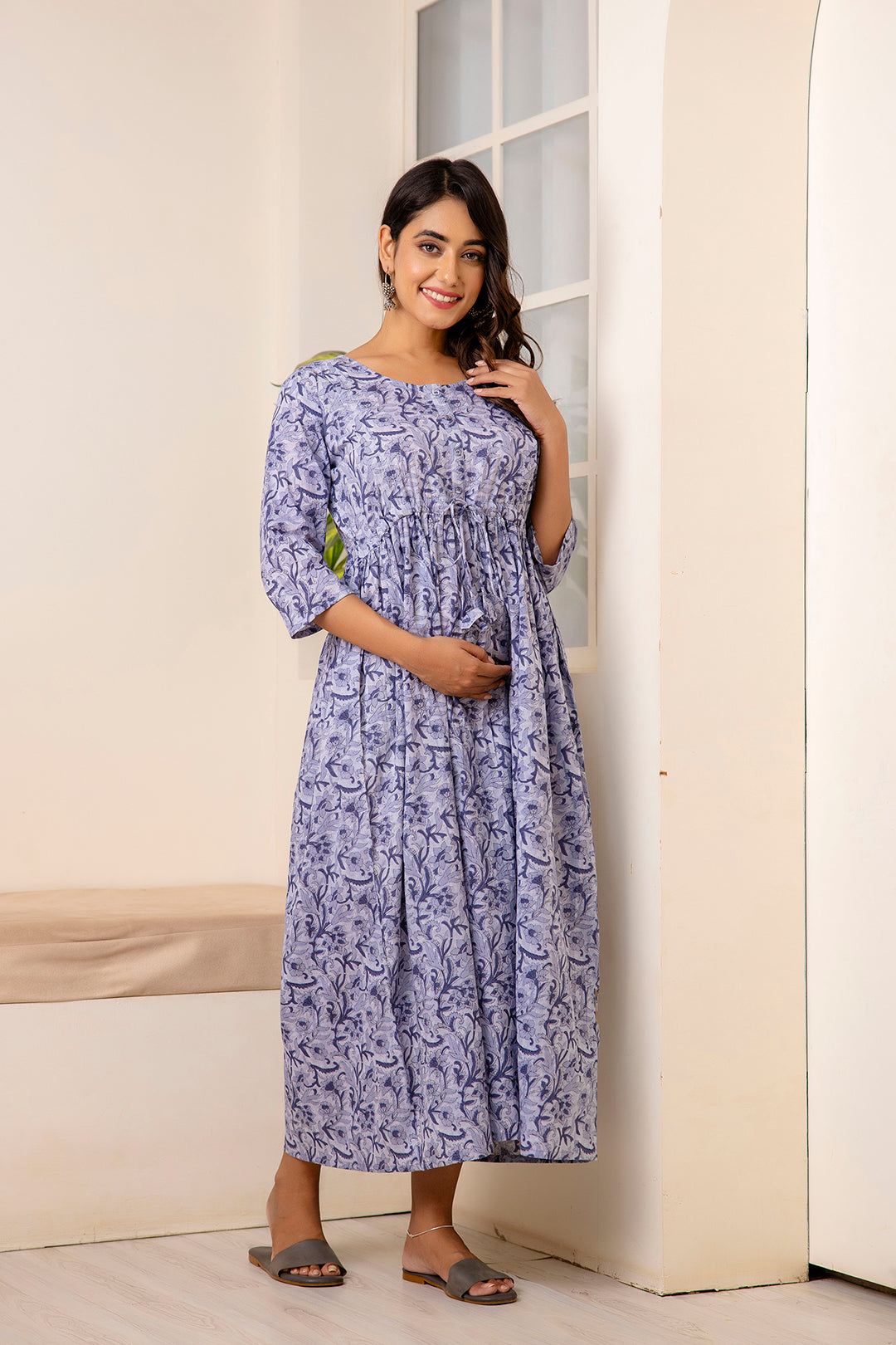 Women Grey Printed Flared Maternity Dress | LASVINI - Redefining Indian Fashion with Elegance