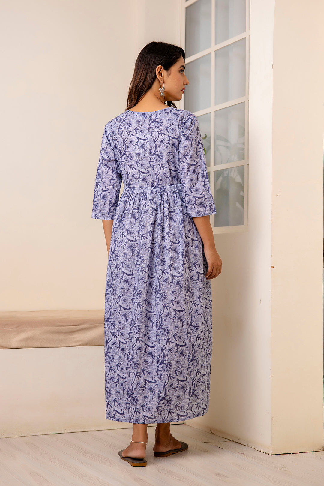 Women Grey Printed Flared Maternity Dress | LASVINI - Redefining Indian Fashion with Elegance