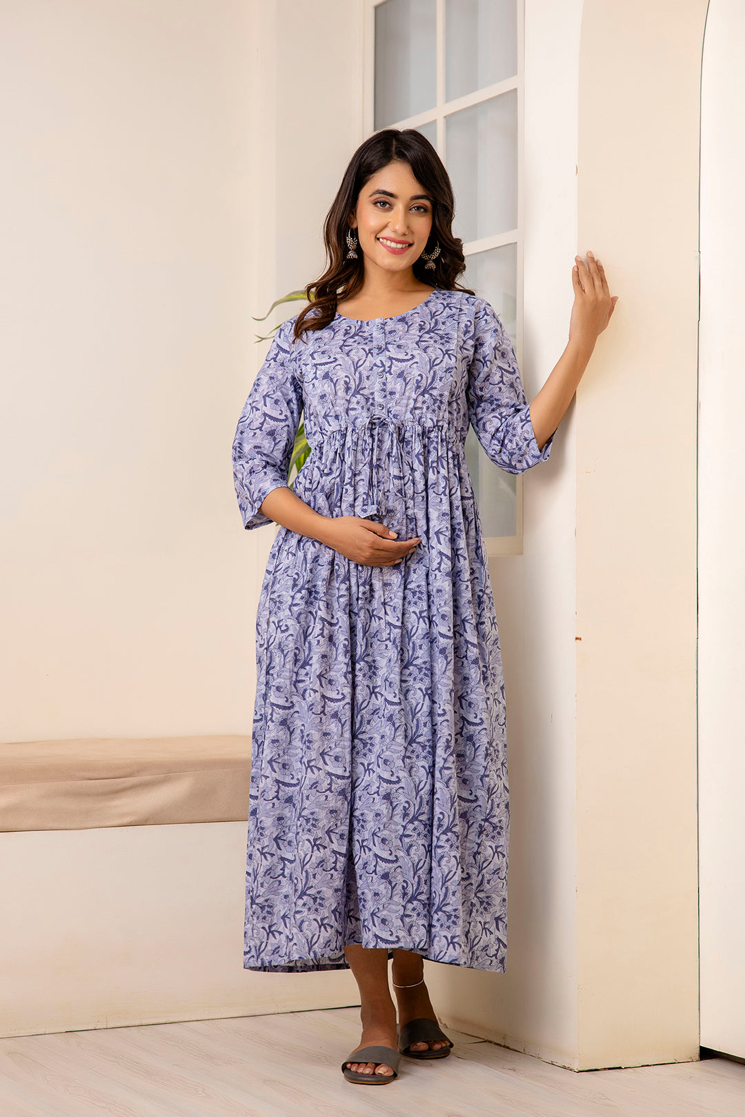 Women Grey Printed Flared Maternity Dress | LASVINI - Redefining Indian Fashion with Elegance