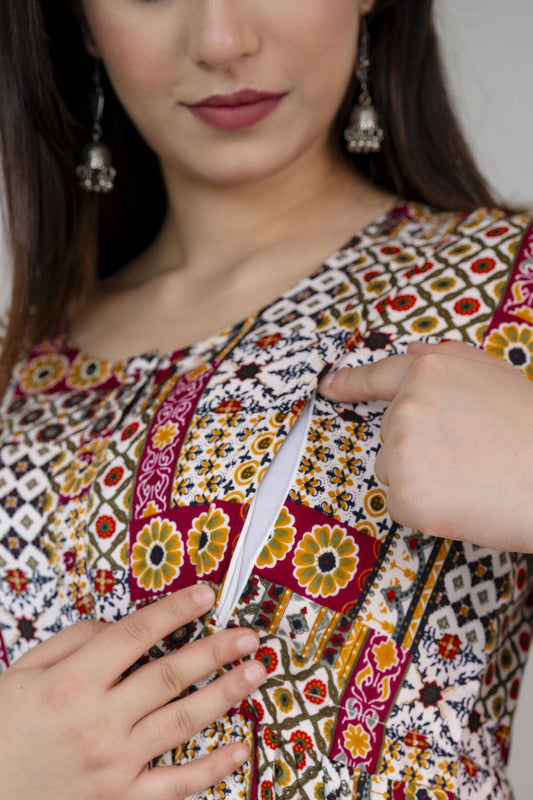 Women Multi Printed Flared Maternity Dress | LASVINI - Redefining Indian Fashion with Elegance