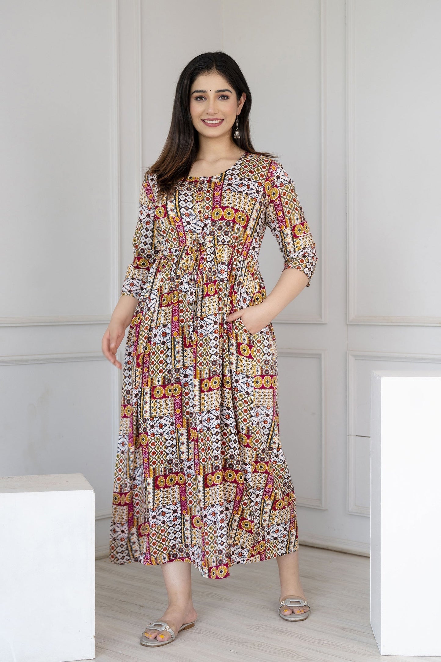 Women Multi Printed Flared Maternity Dress | LASVINI - Redefining Indian Fashion with Elegance