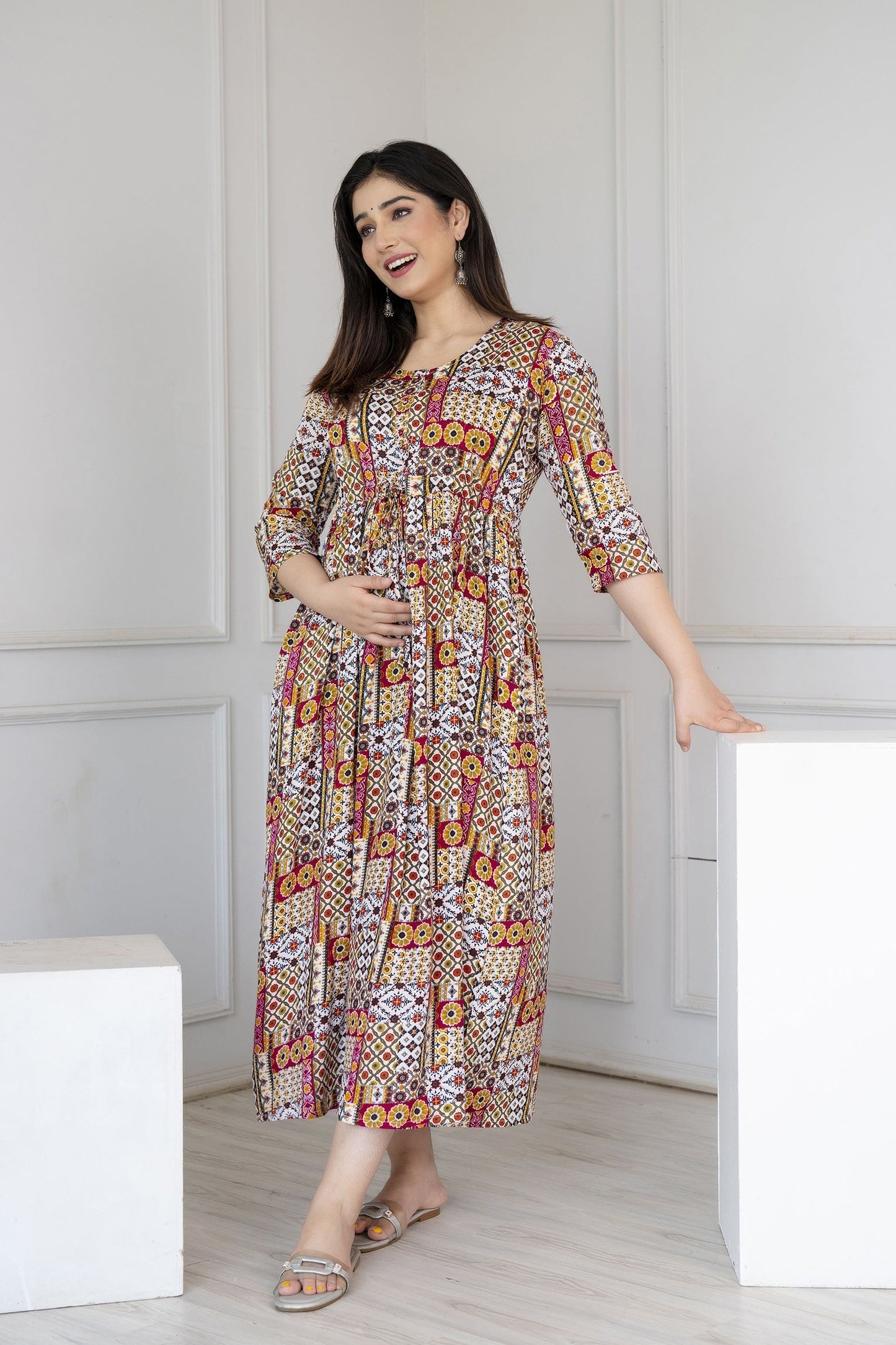 Women Multi Printed Flared Maternity Dress | LASVINI - Redefining Indian Fashion with Elegance