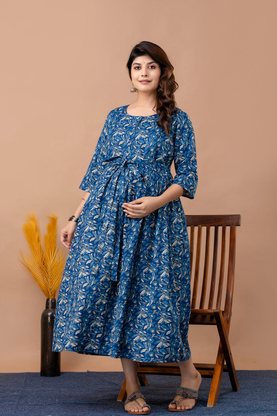Blue Floral Maternity Dress For Women | LASVINI - Redefining Indian Fashion with Elegance