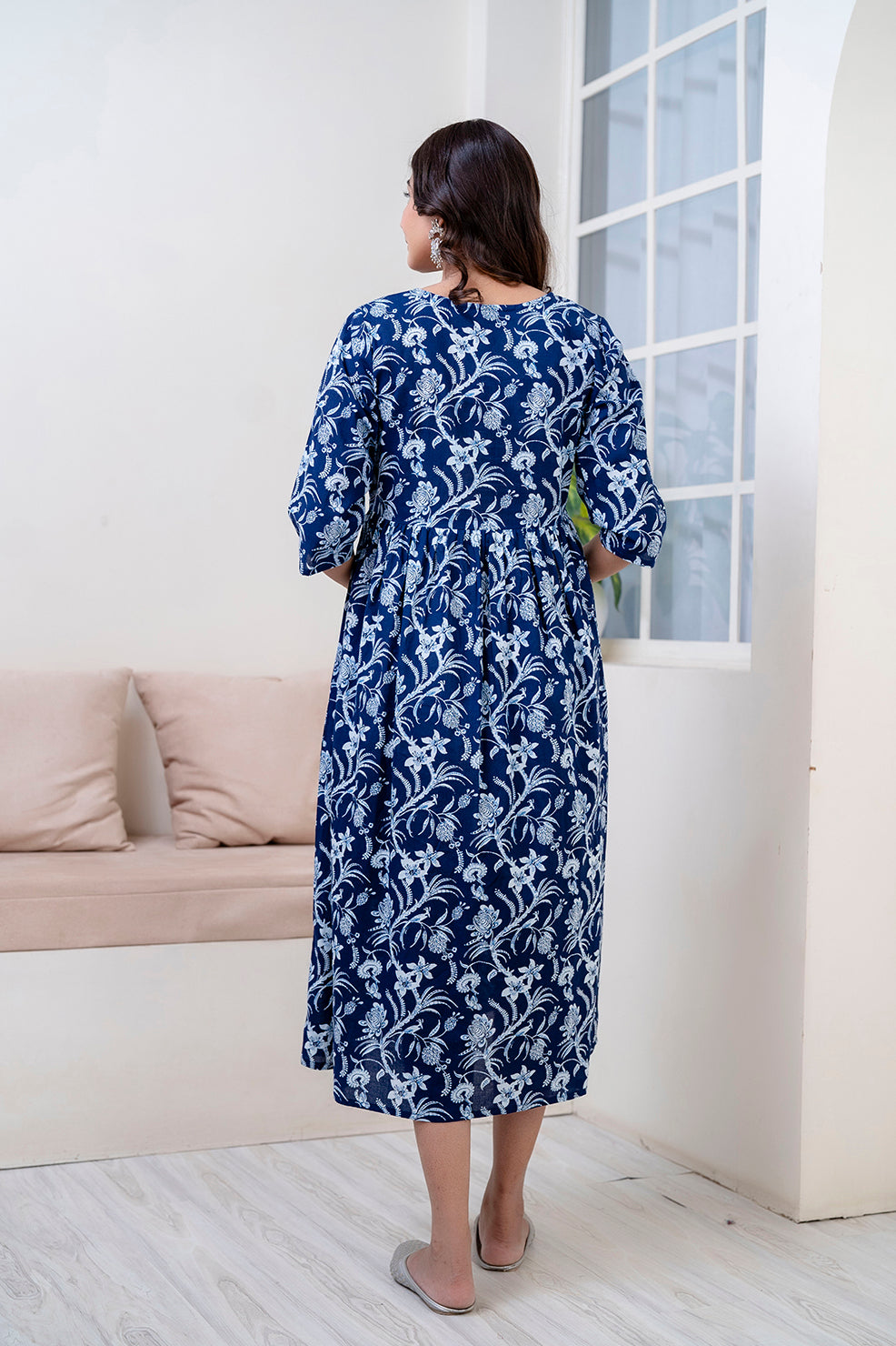 Navy Blue Abstract Printed Maternity Dress For Women | LASVINI - Redefining Indian Fashion with Elegance