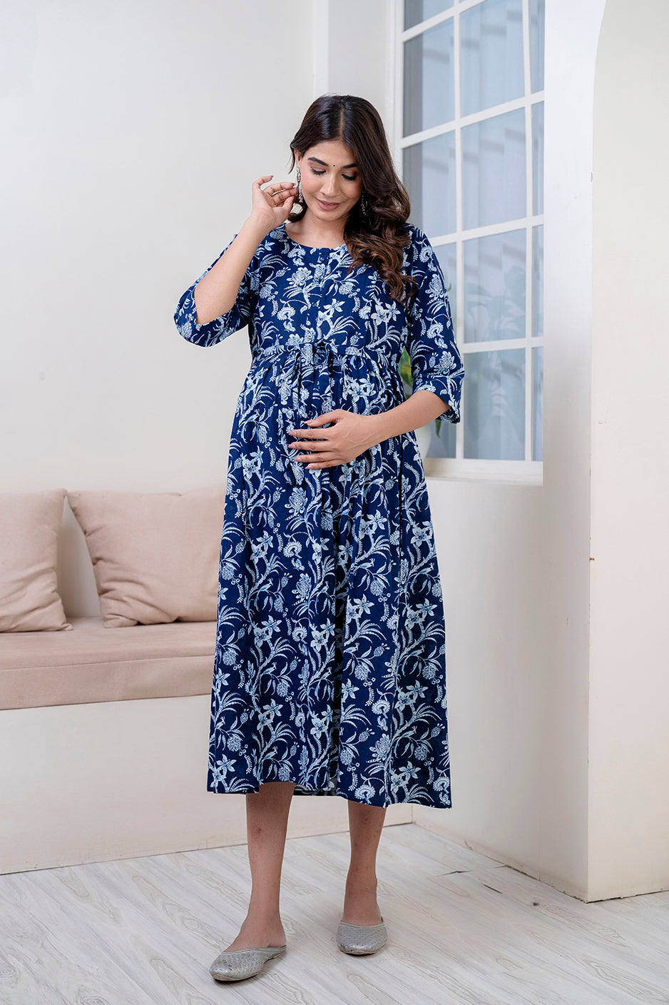 Navy Blue Abstract Printed Maternity Dress For Women | LASVINI - Redefining Indian Fashion with Elegance