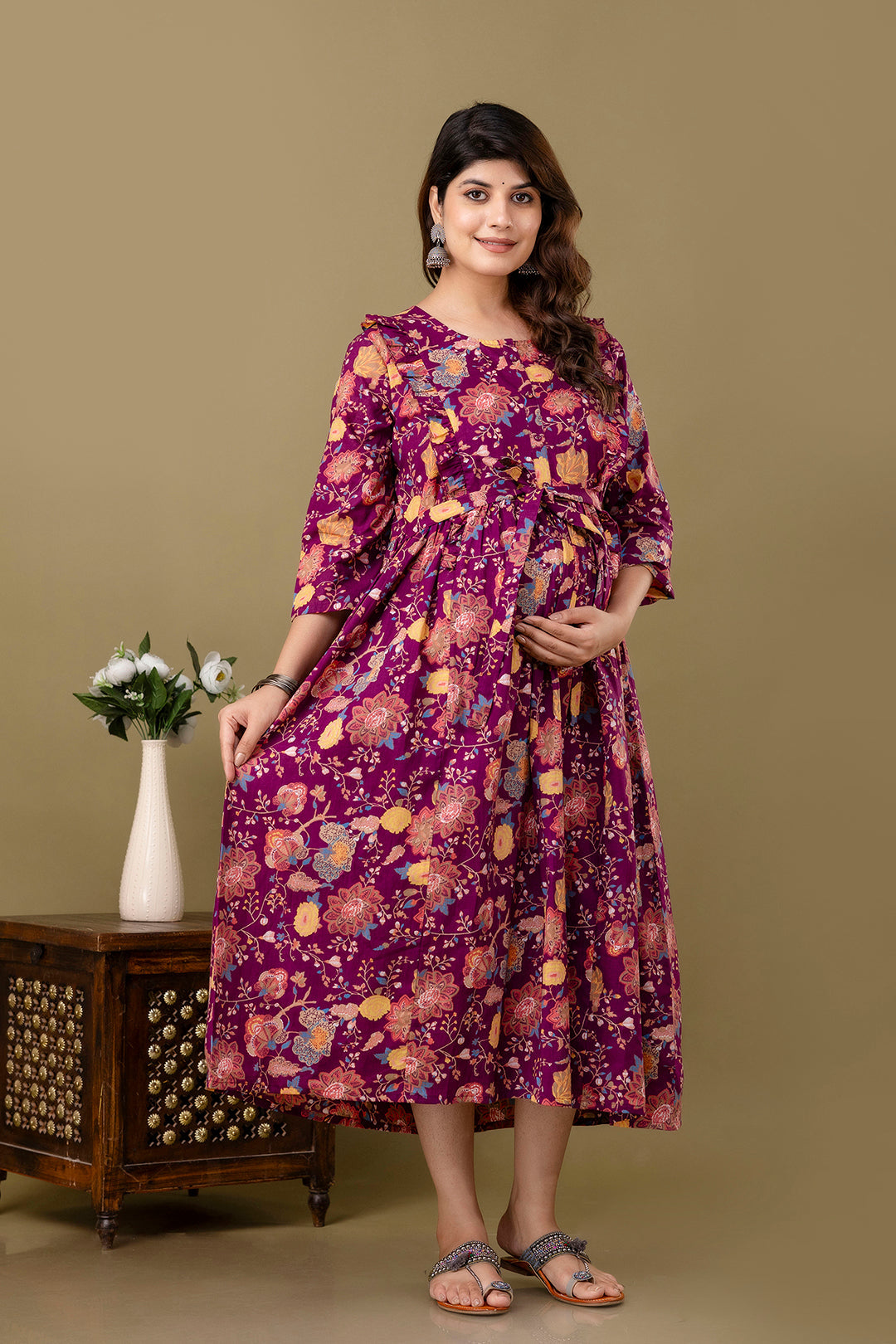 Burgundy Floral Printed Maternity Dress For Women | LASVINI - Redefining Indian Fashion with Elegance