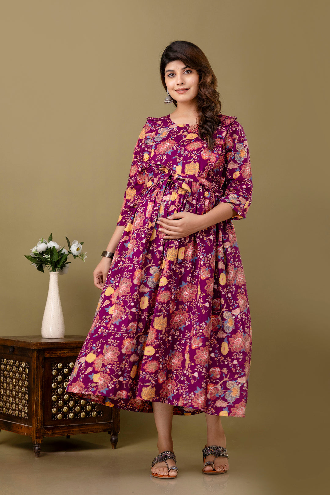 Burgundy Floral Printed Maternity Dress For Women | LASVINI - Redefining Indian Fashion with Elegance