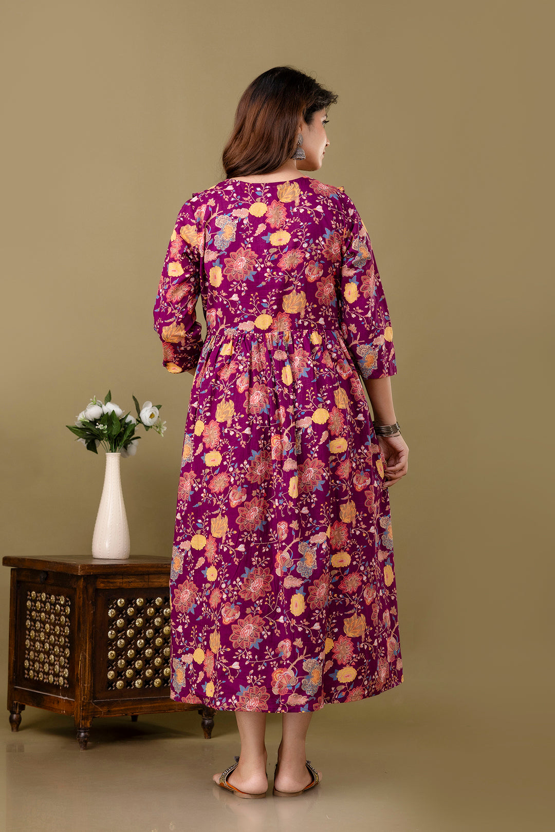 Burgundy Floral Printed Maternity Dress For Women | LASVINI - Redefining Indian Fashion with Elegance