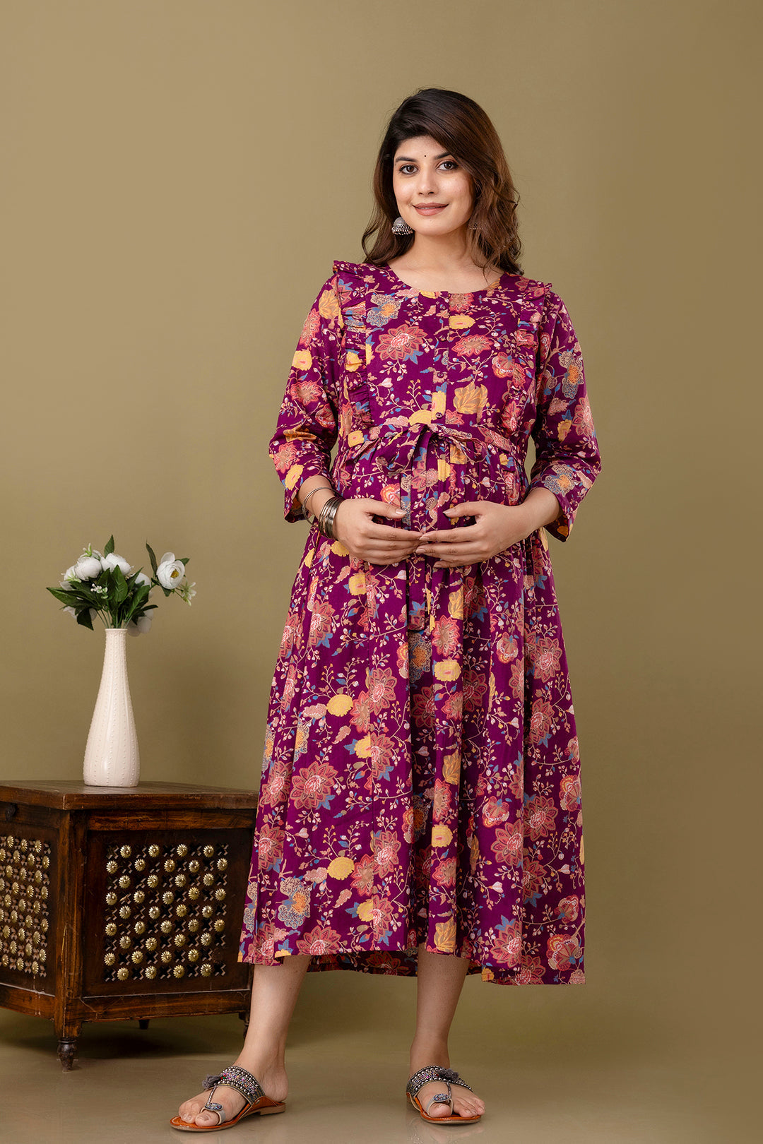 Burgundy Floral Printed Maternity Dress For Women | LASVINI - Redefining Indian Fashion with Elegance