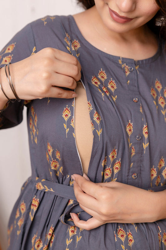 Grey Ethnic Maternity Dress For Women | LASVINI - Redefining Indian Fashion with Elegance