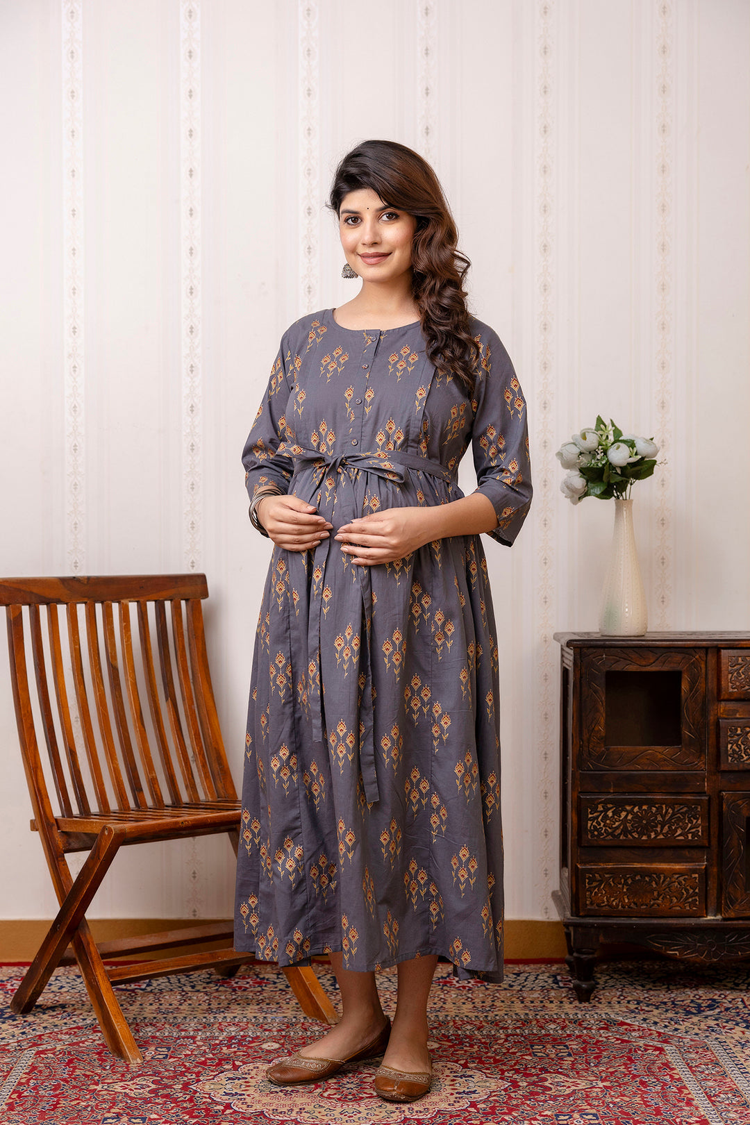 Grey Ethnic Maternity Dress For Women | LASVINI - Redefining Indian Fashion with Elegance