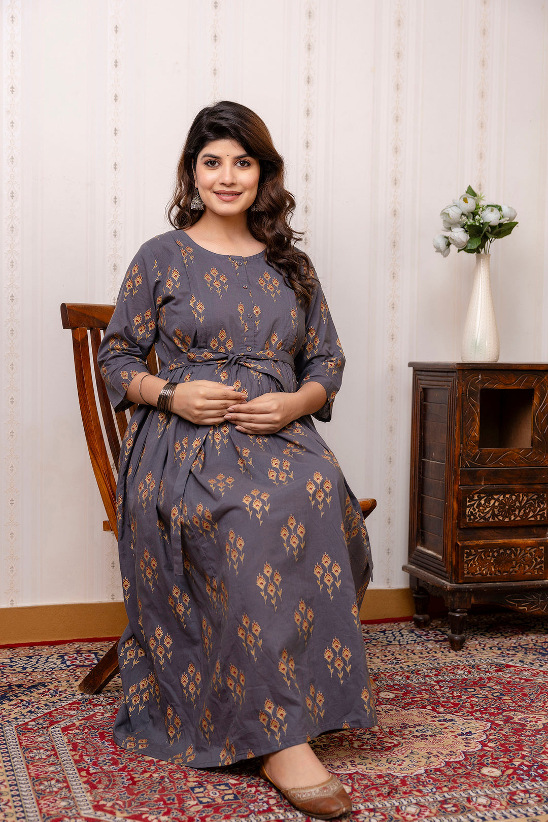 Grey Ethnic Maternity Dress For Women | LASVINI - Redefining Indian Fashion with Elegance