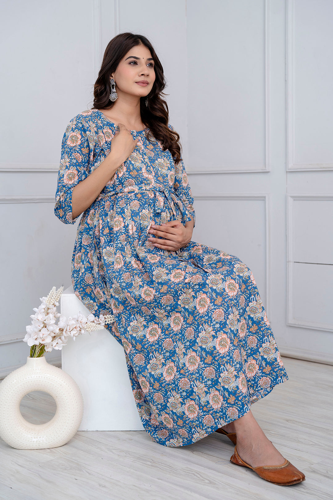 Blue Floral Maternity Dress For Women | LASVINI - Redefining Indian Fashion with Elegance