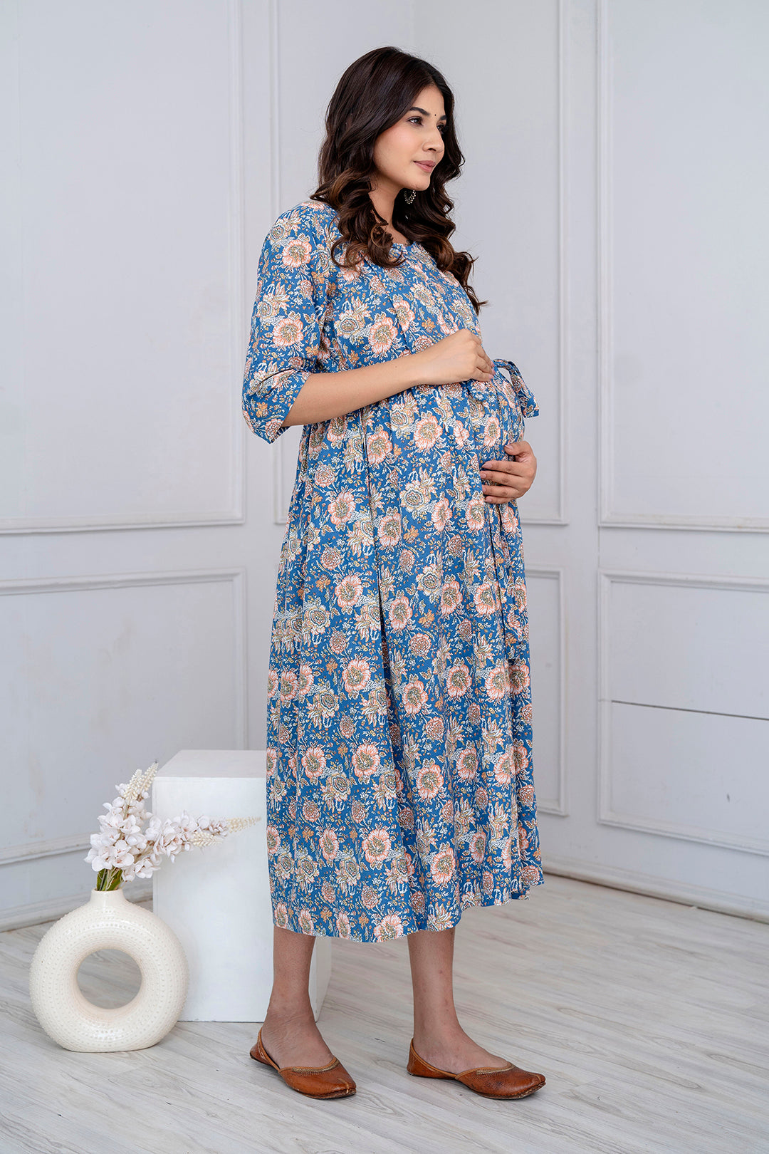 Blue Floral Maternity Dress For Women | LASVINI - Redefining Indian Fashion with Elegance