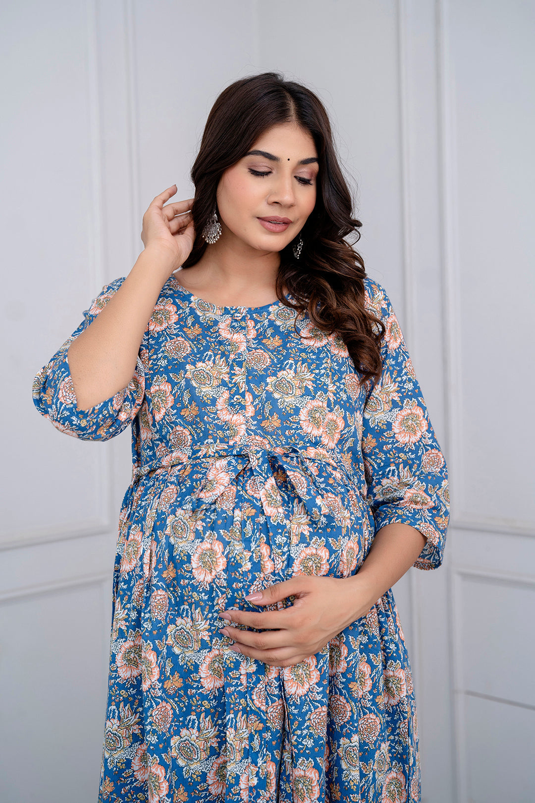 Blue Floral Maternity Dress For Women | LASVINI - Redefining Indian Fashion with Elegance